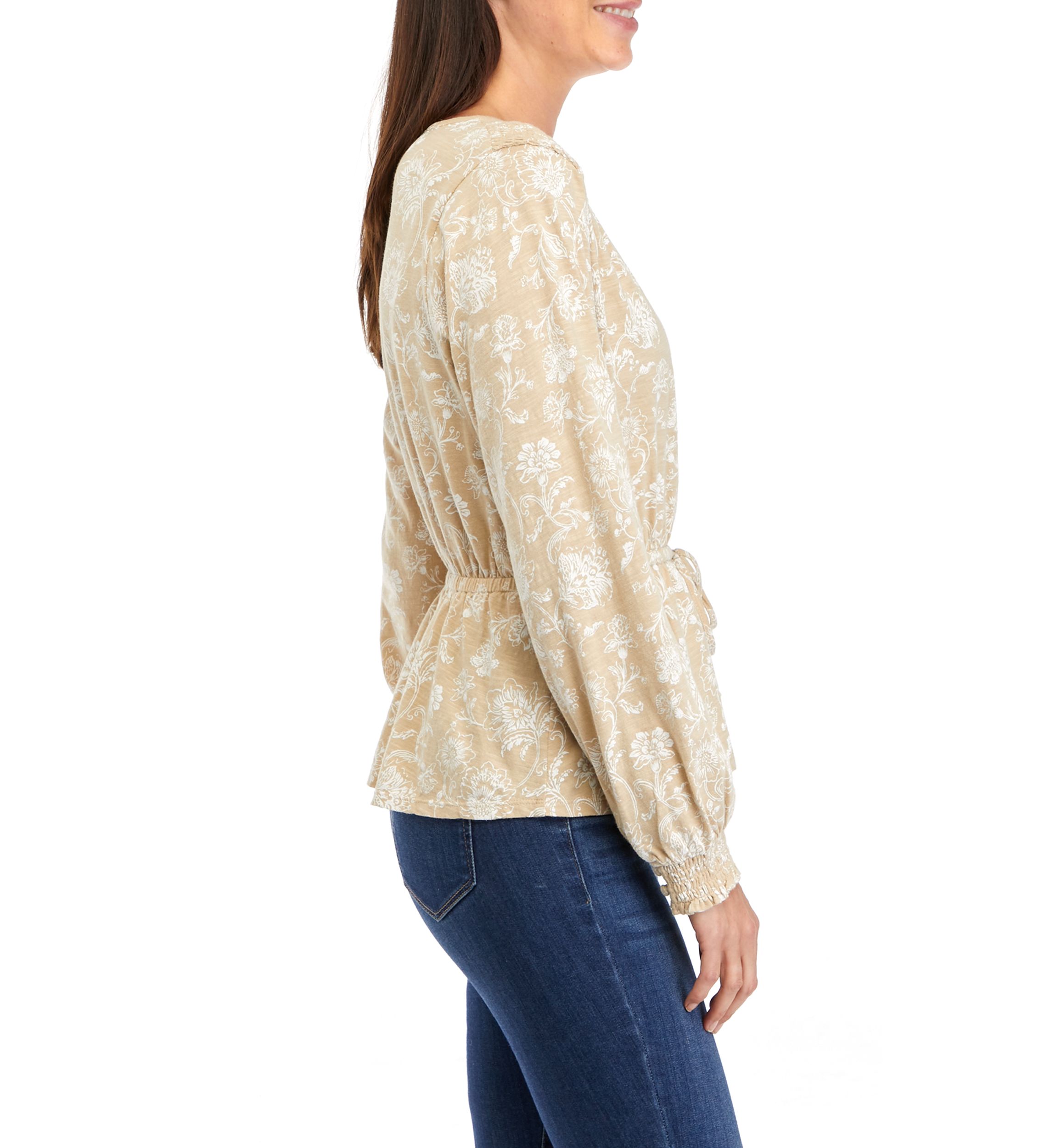 Womens Long Sleeve Tie Waist Printed Peplum Top