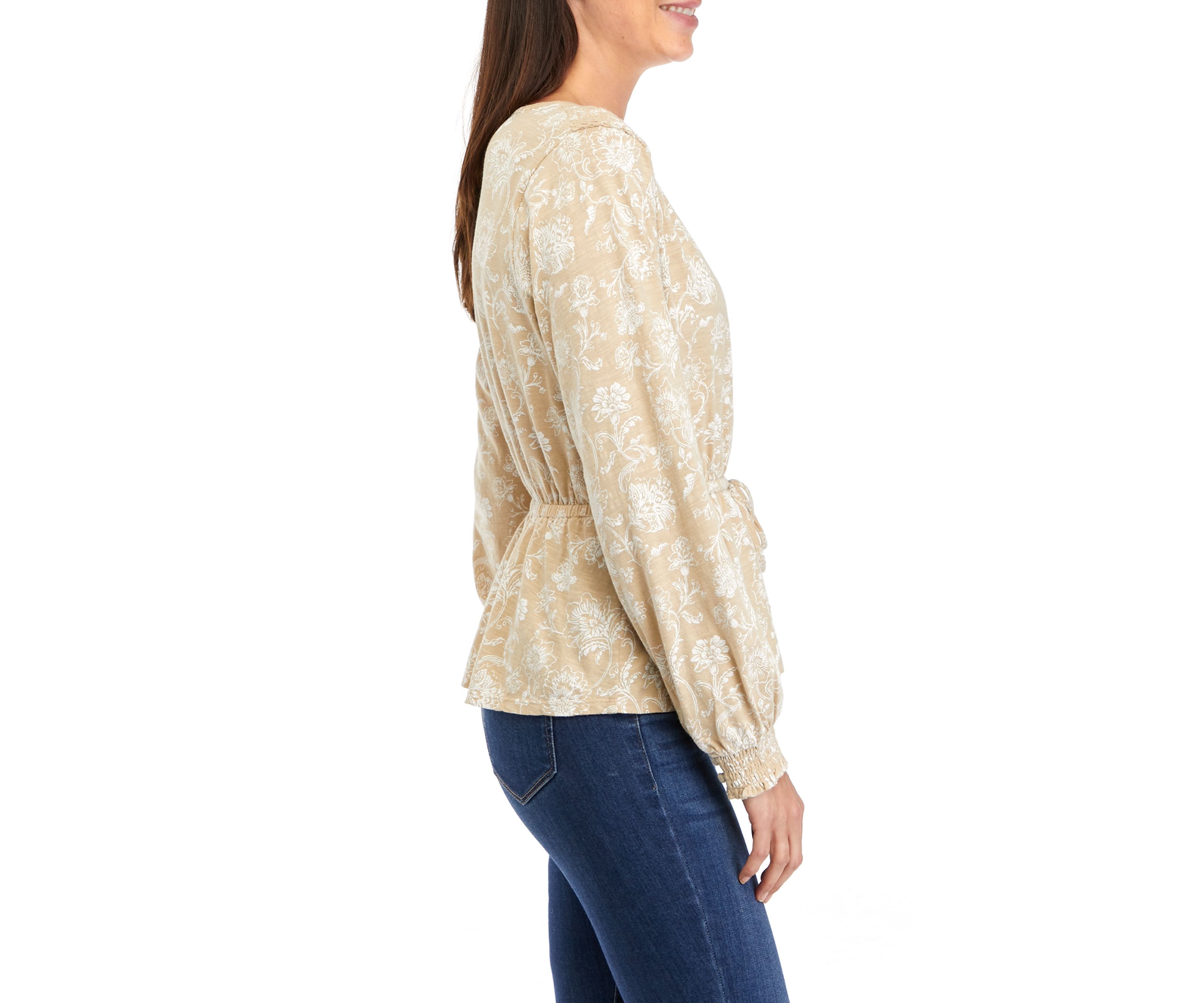 Womens Long Sleeve Tie Waist Printed Peplum Top