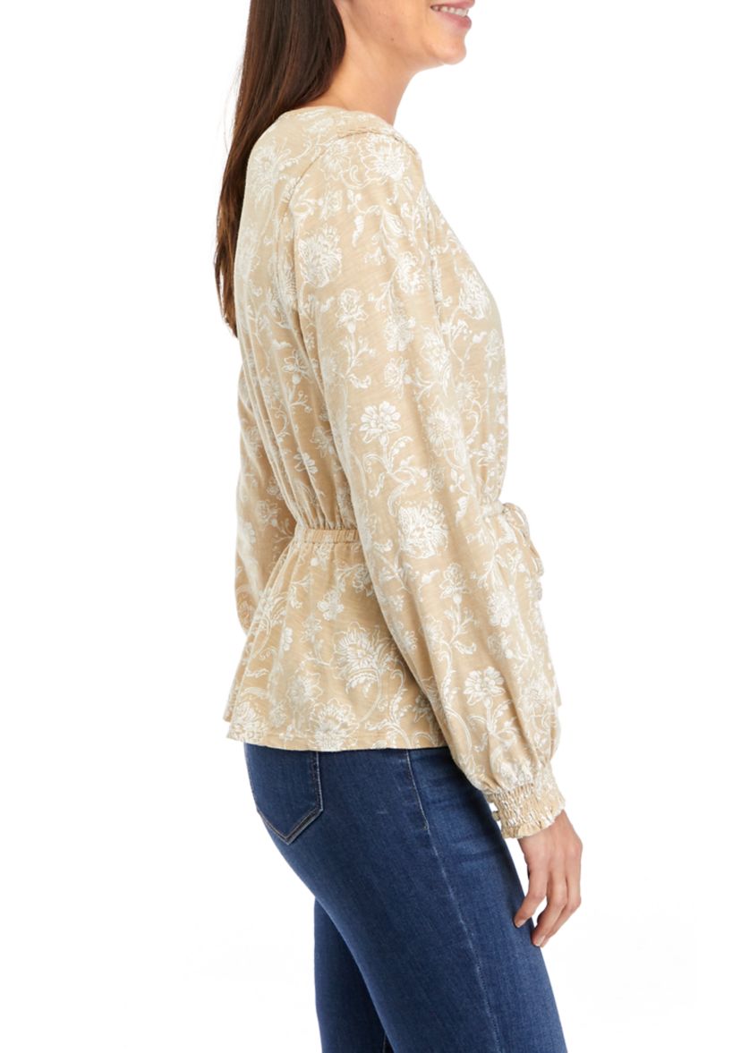 Womens Long Sleeve Tie Waist Printed Peplum Top