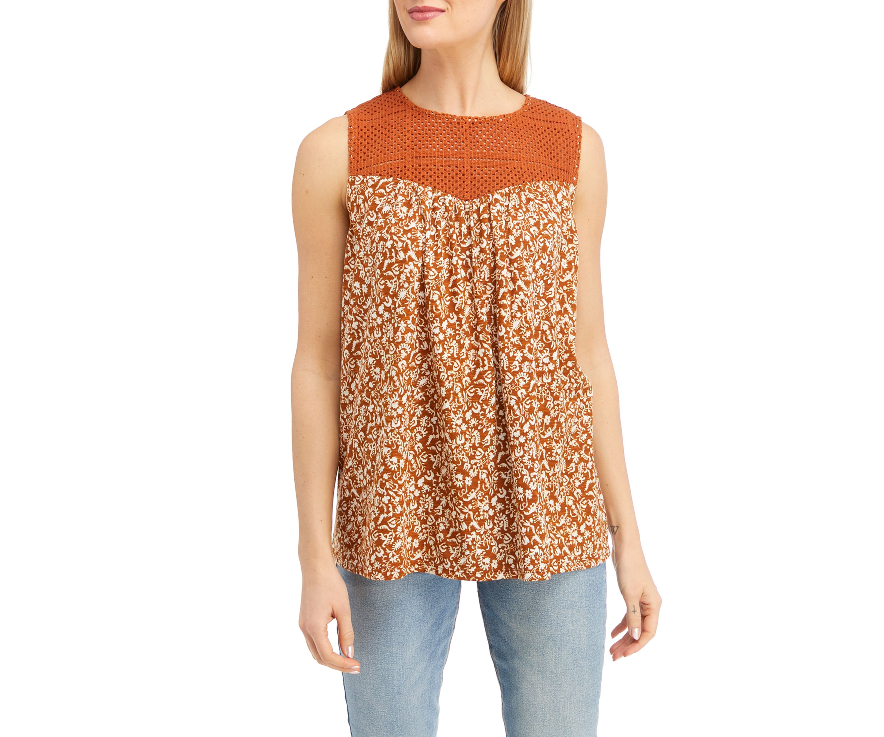 Womens Crochet Yoke Printed T-Shirt