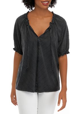 TEXTURED PEASANT TOP WITH EMBROIDERY AND BRAIDED CORD
