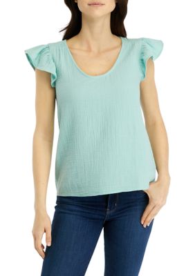 Wonderly Women's Solid Flutter Sleeve Top, Teal, X-Large -  0480023135482