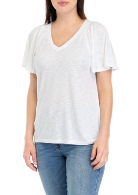 Wonderly Women's V-Neck Flutter Sleeve Solid T-Shirt, White, XXL -  0480023260832