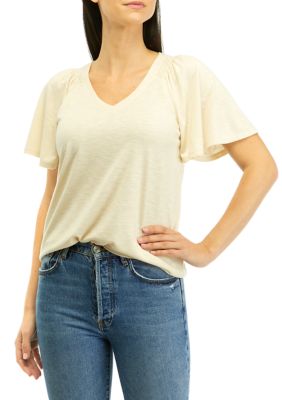 Wonderly Women's V-Neck Flutter Sleeve Solid T-Shirt, Beige, X-Large -  0480023259492