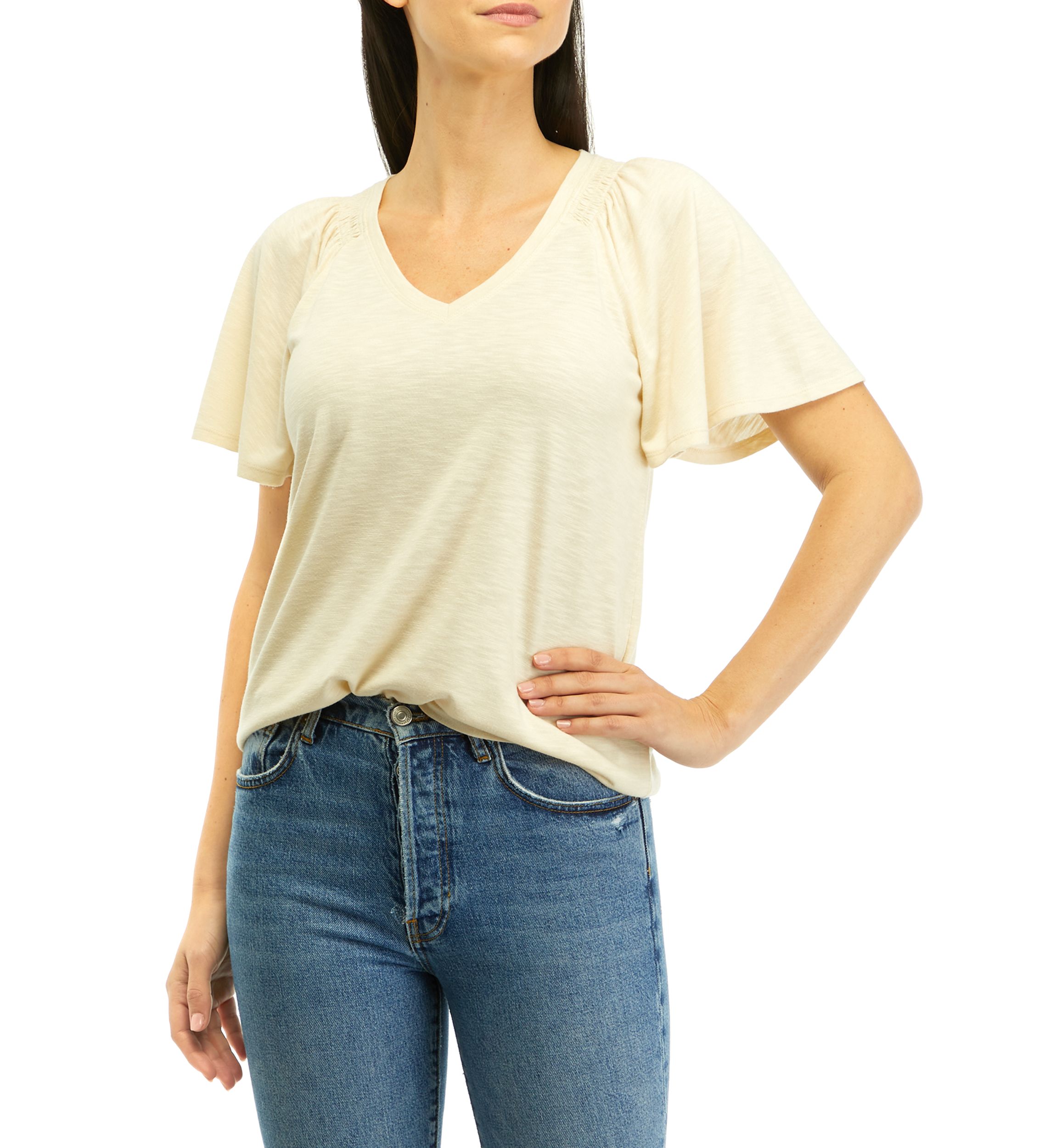 Womens V-Neck Flutter Sleeve Solid T-Shirt