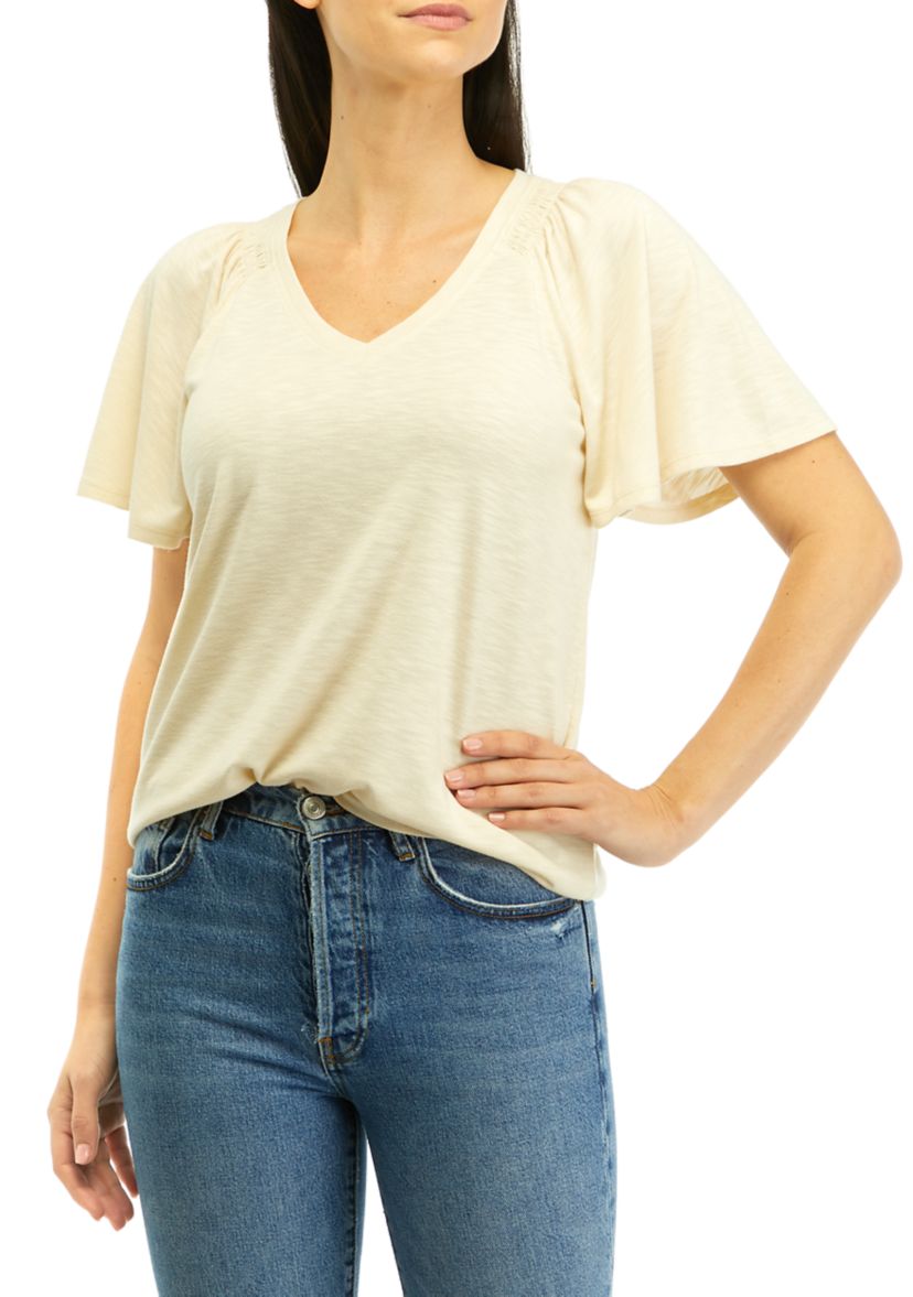 Womens V-Neck Flutter Sleeve Solid T-Shirt