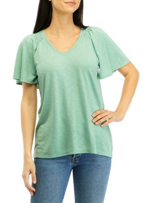 Wonderly Women's V-Neck Flutter Sleeve Solid T-Shirt, Green, Small -  0480023261051