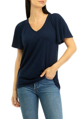 Wonderly Women's V-Neck Flutter Sleeve Solid T-Shirt, Blue, Small -  0480023259584