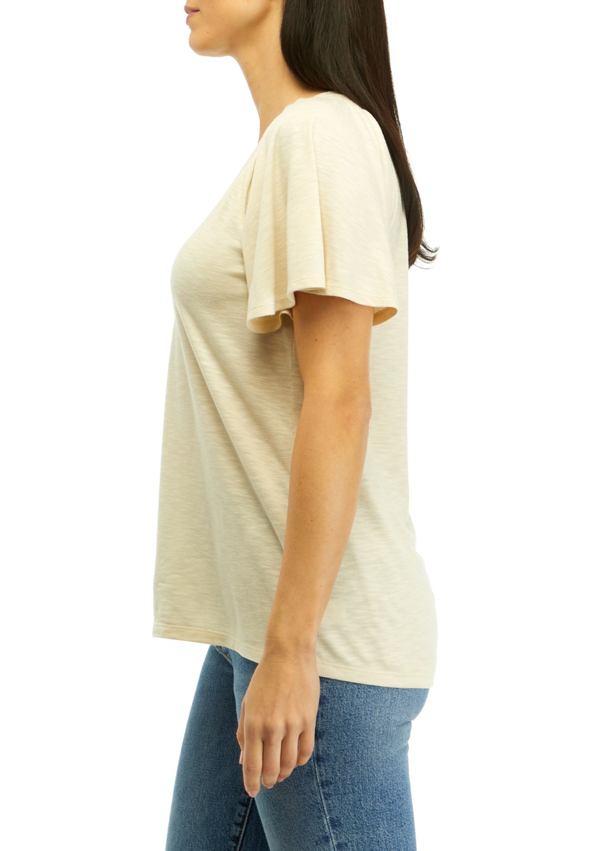 Womens V-Neck Flutter Sleeve Solid T-Shirt