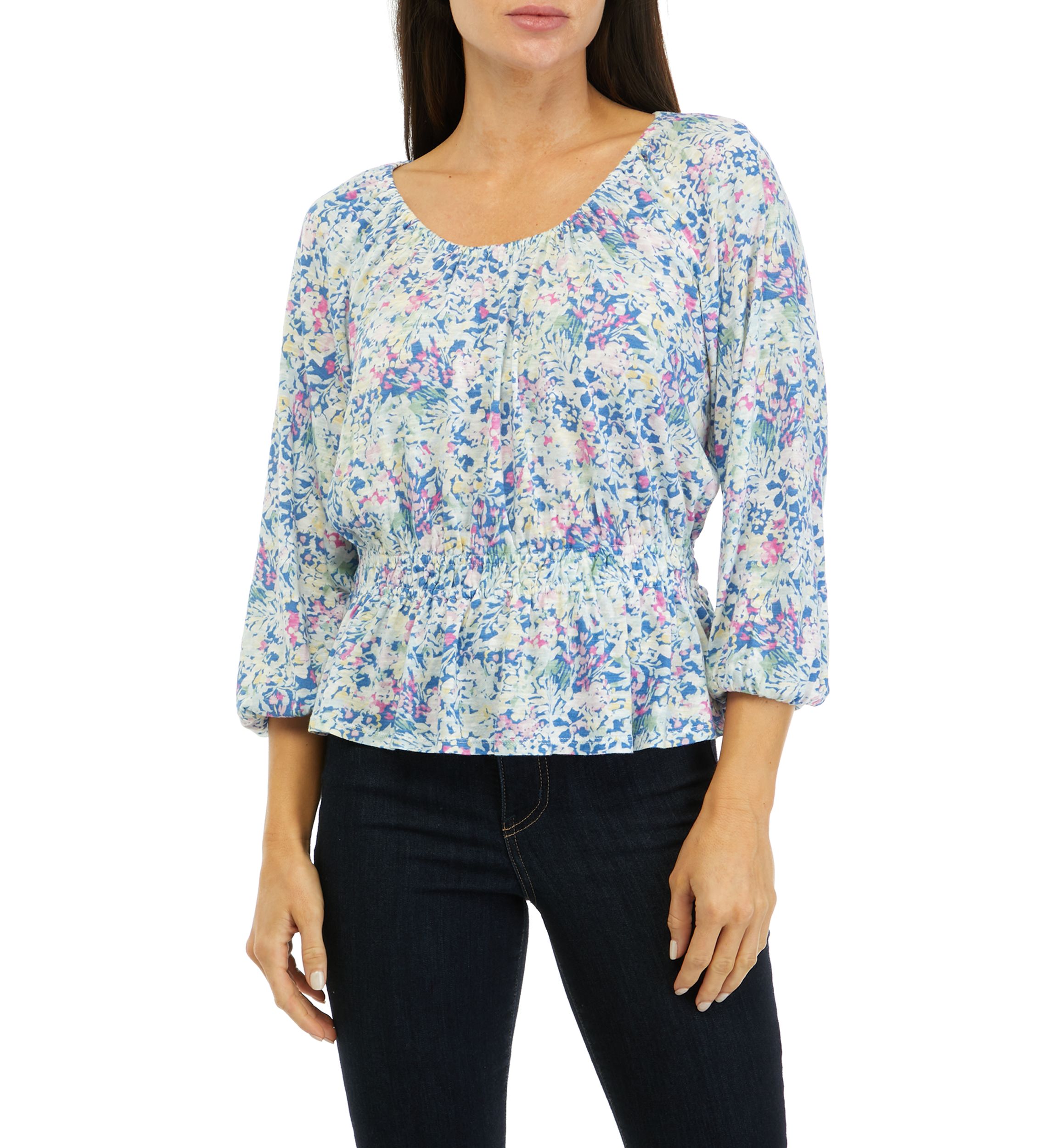 Womens Printed Smocked Peasant Top