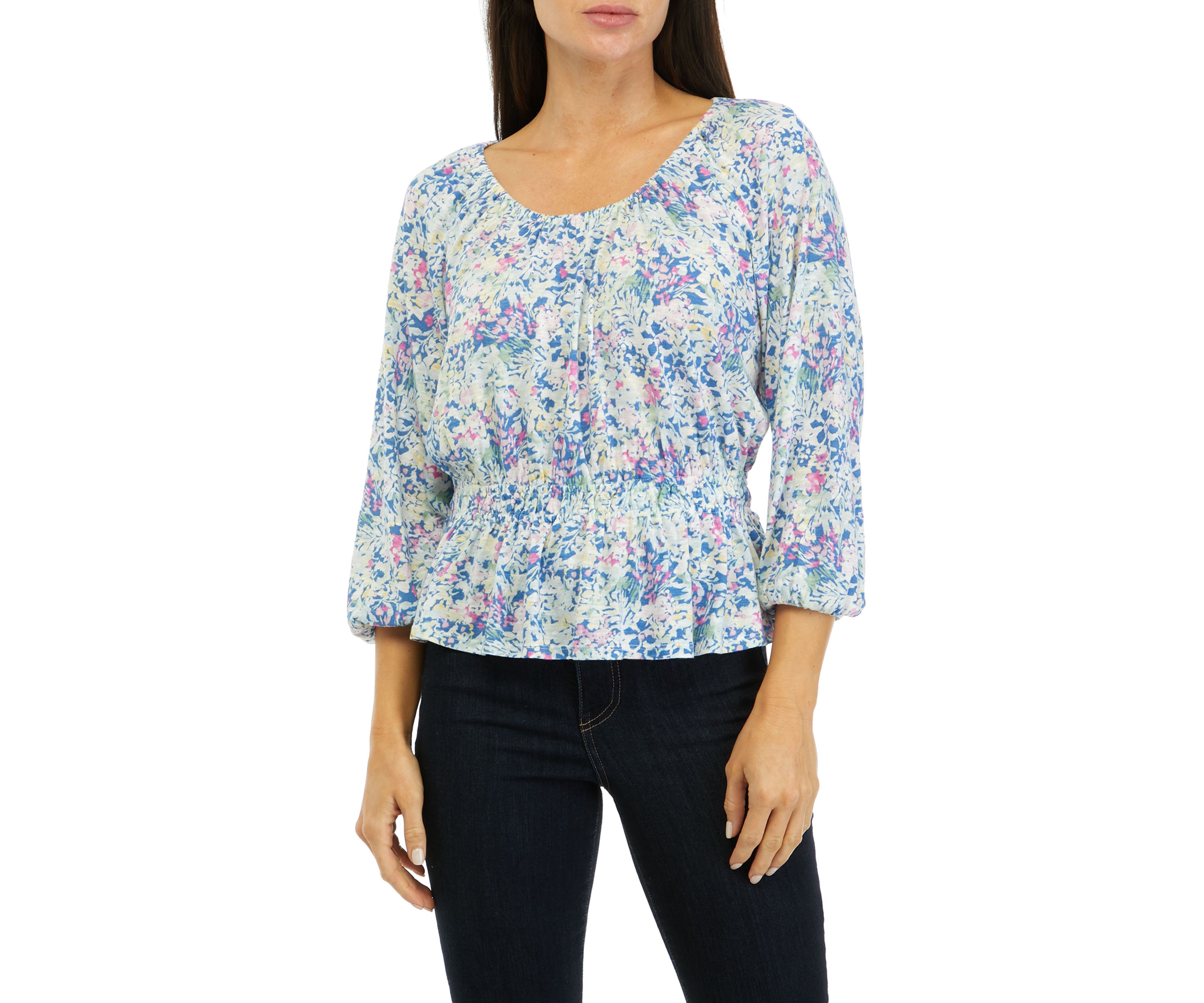 Womens Printed Smocked Peasant Top