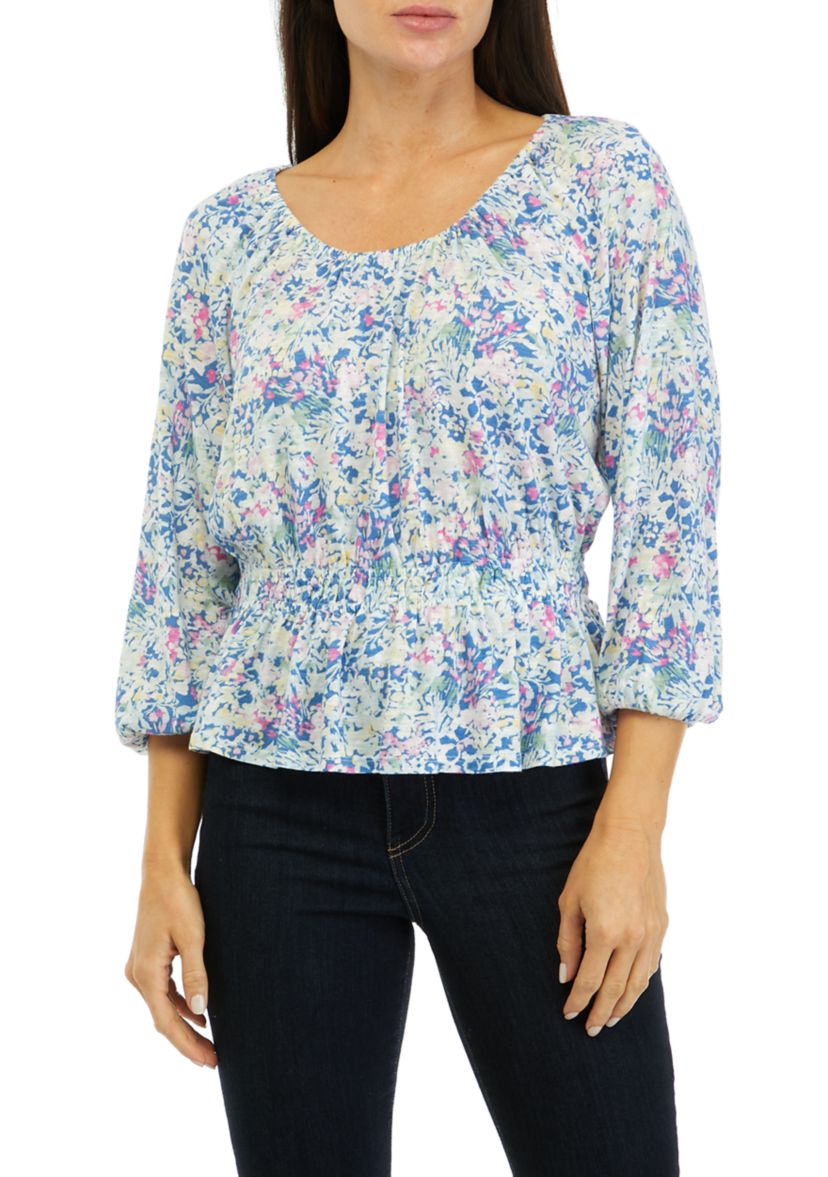 Womens Printed Smocked Peasant Top