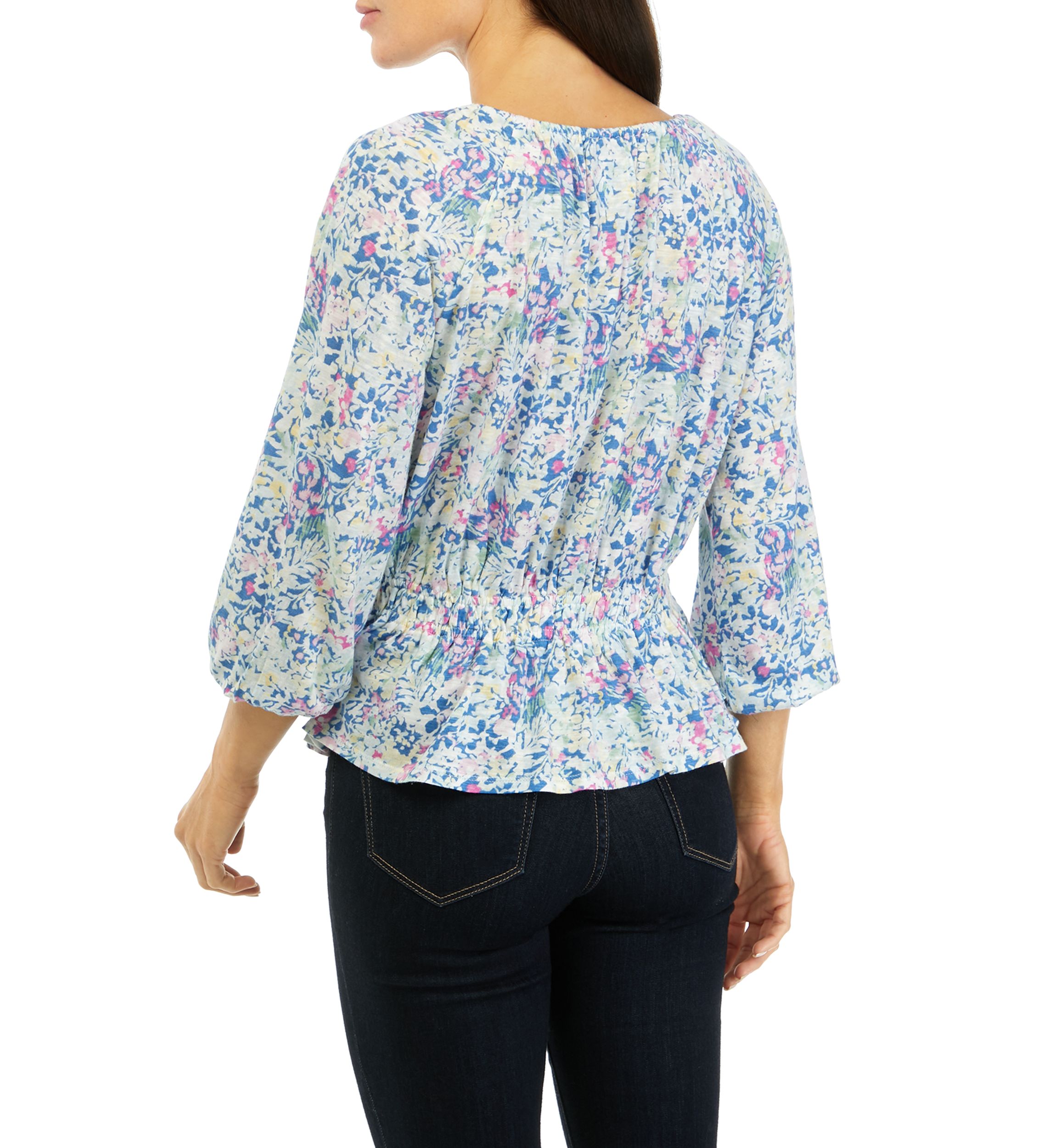 Womens Printed Smocked Peasant Top