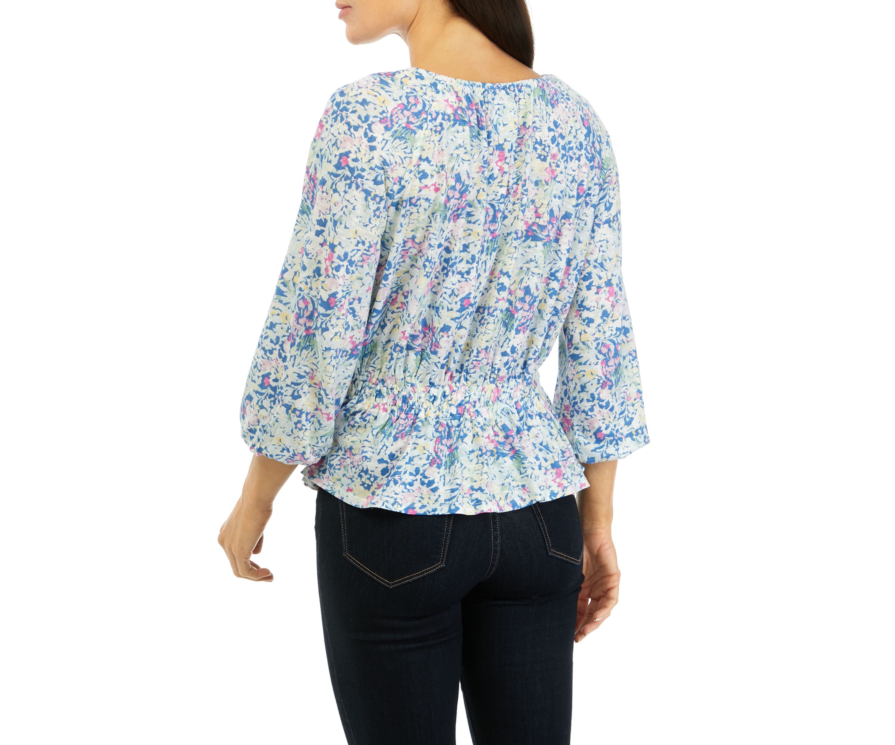 Womens Printed Smocked Peasant Top