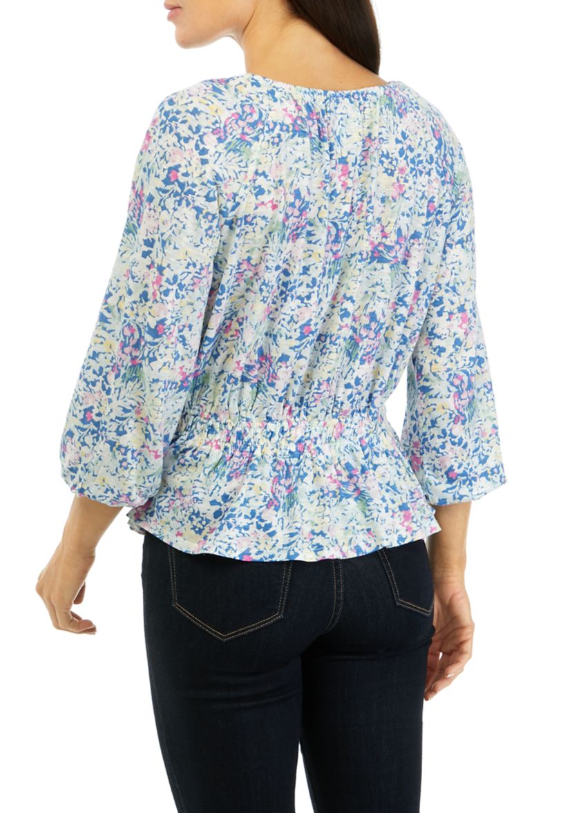 Womens Printed Smocked Peasant Top
