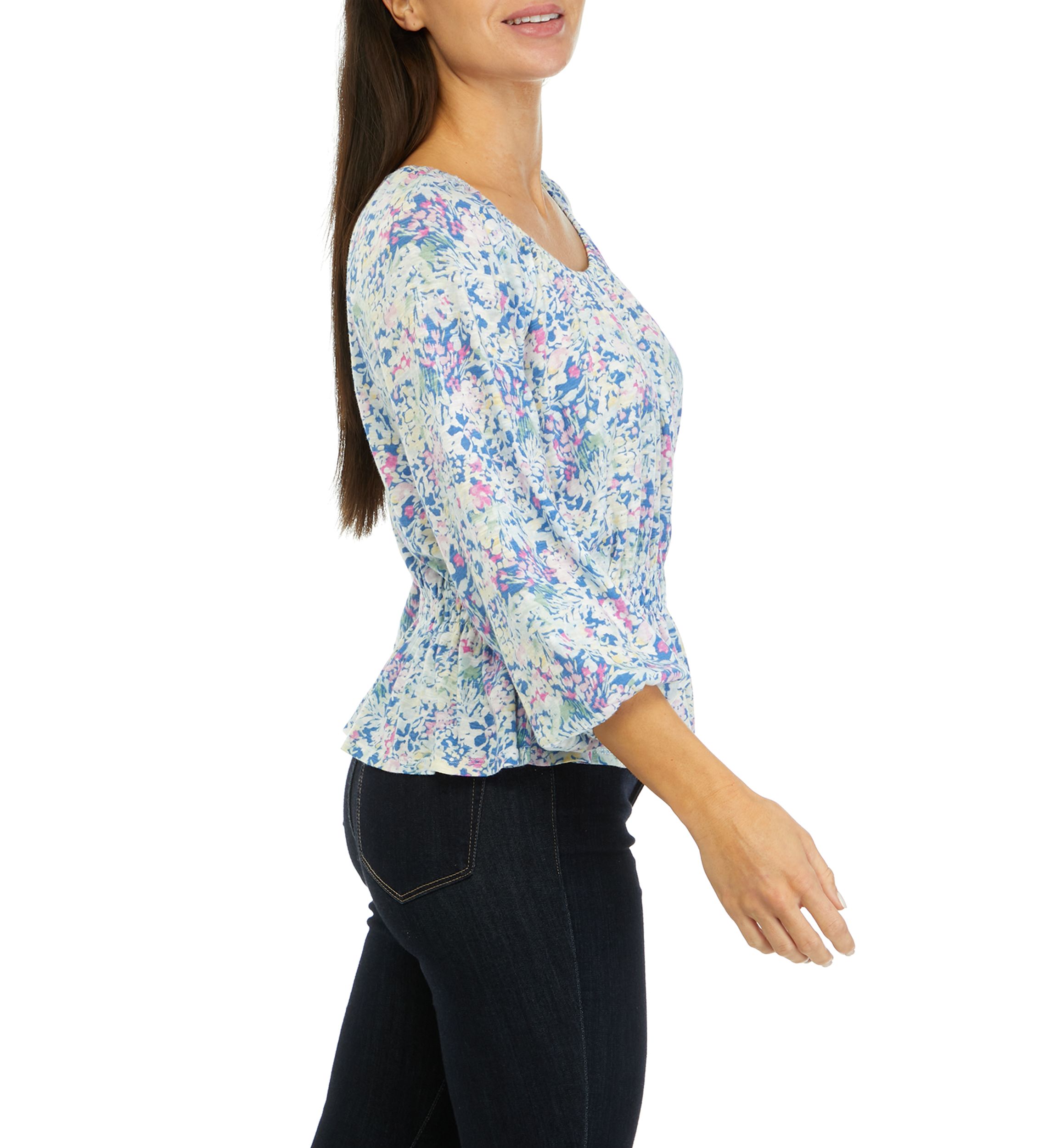Womens Printed Smocked Peasant Top
