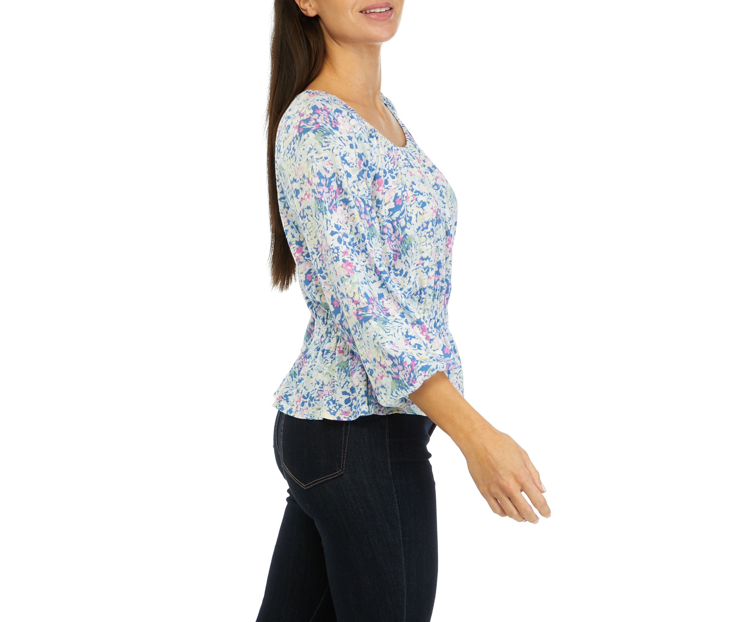 Womens Printed Smocked Peasant Top