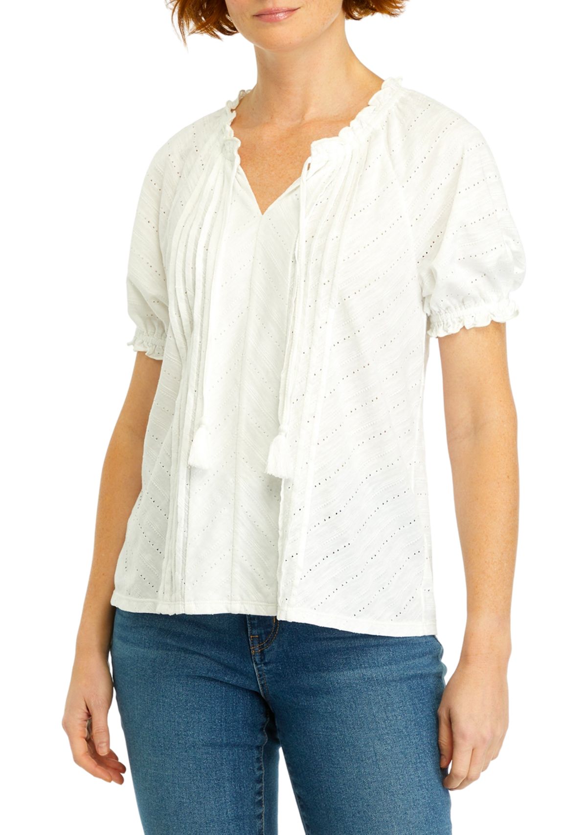 Petite Short Sleeve Pintuck Peasant Top