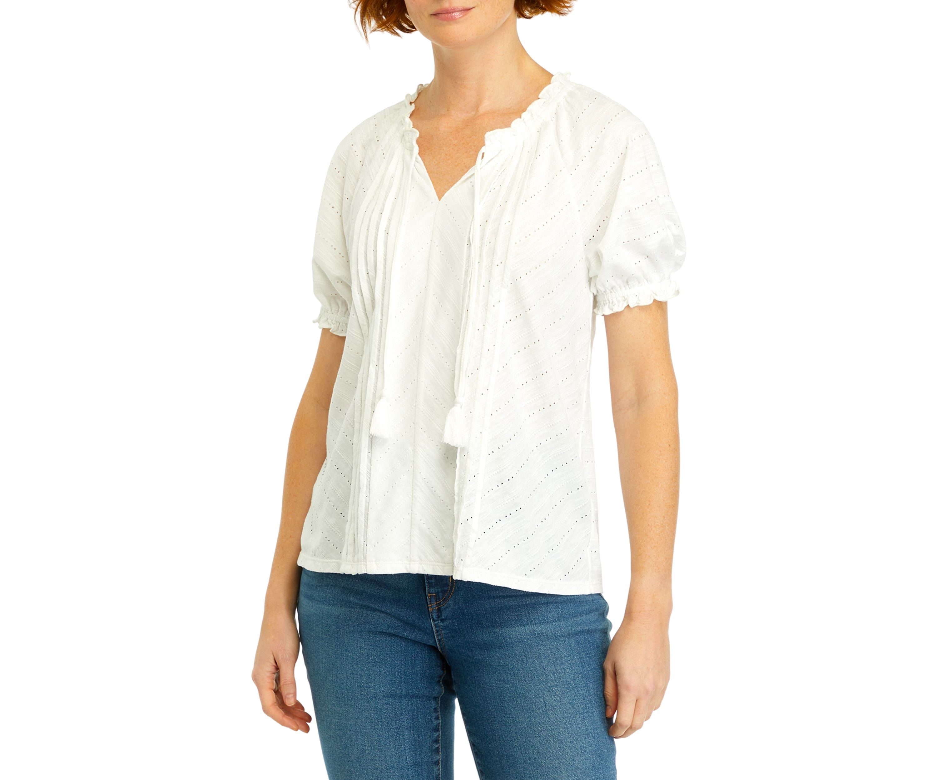 Petite Short Sleeve Pintuck Peasant Top