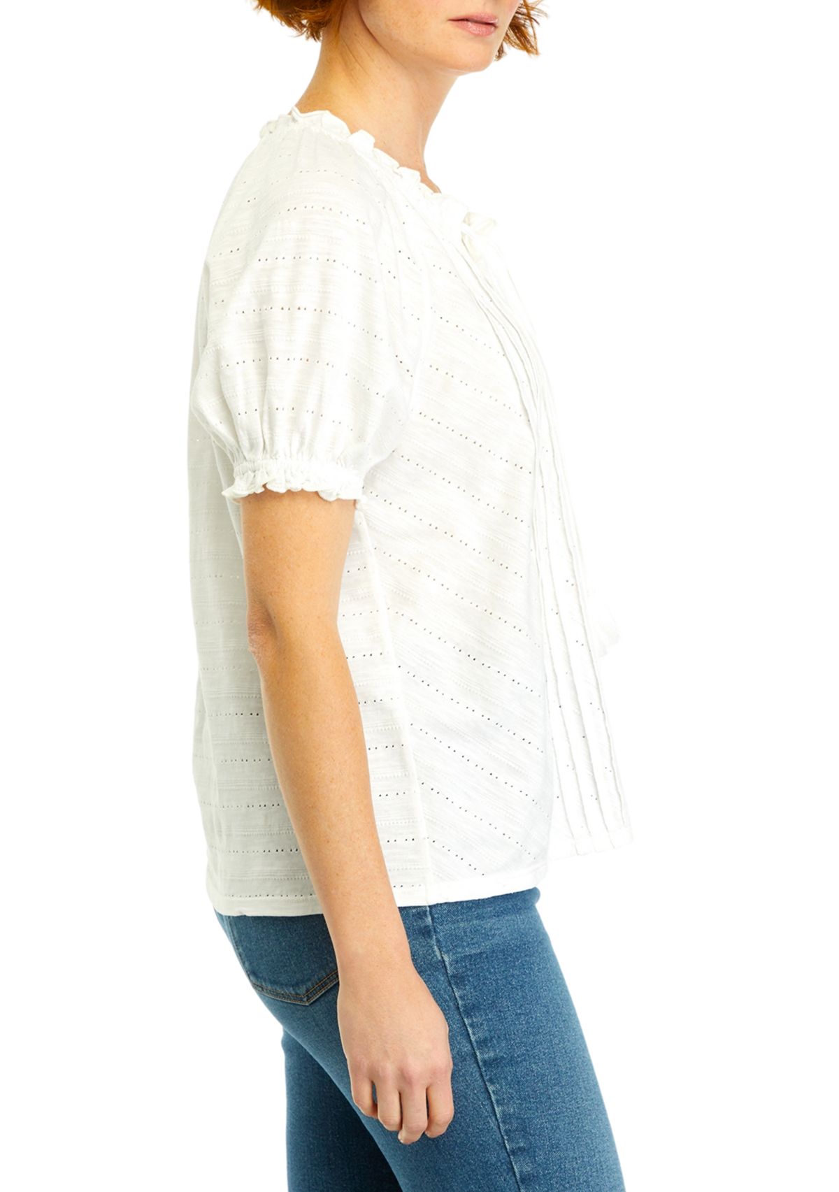 Petite Short Sleeve Pintuck Peasant Top