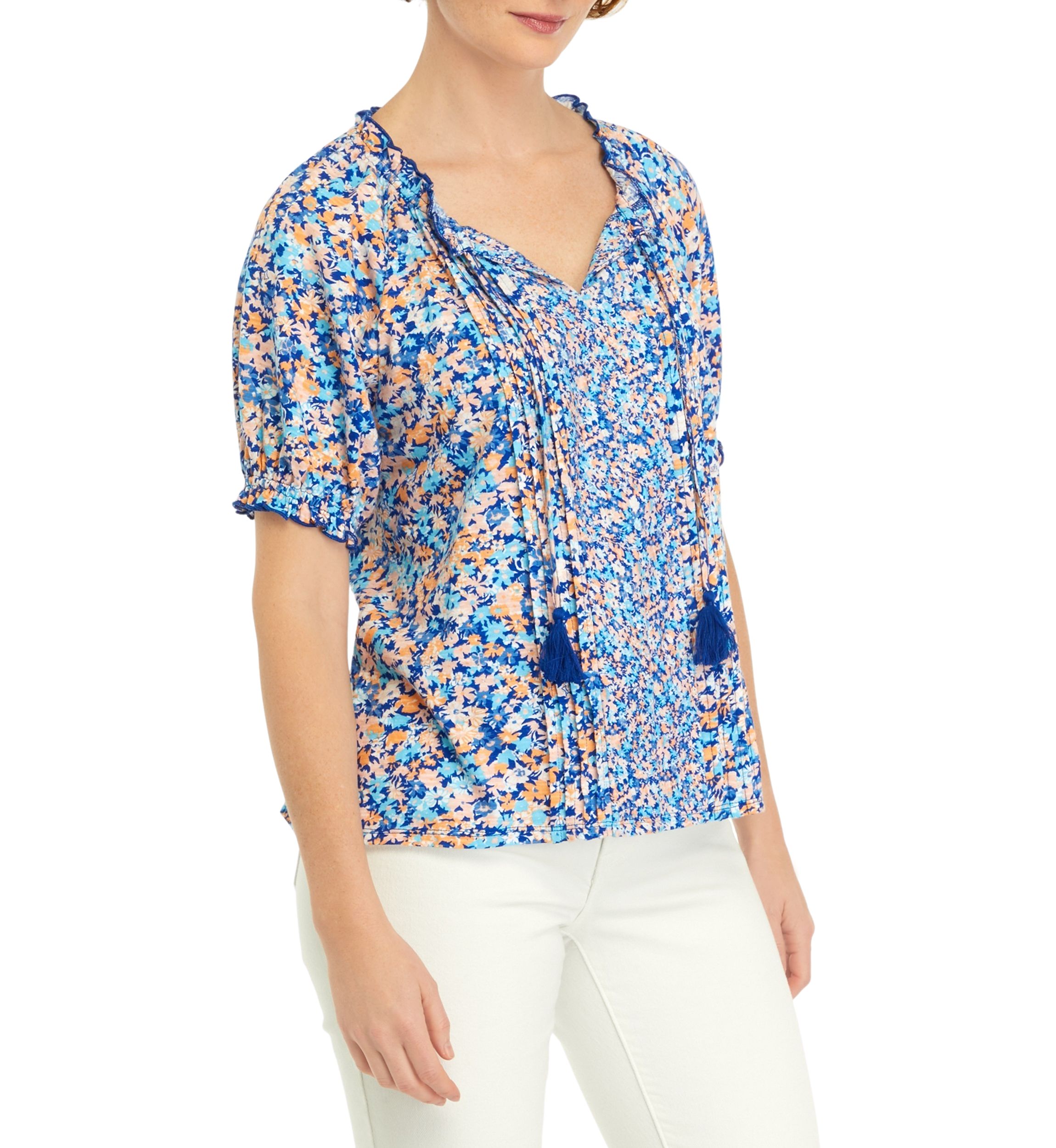 Womens Printed Pintuck Peasant Top