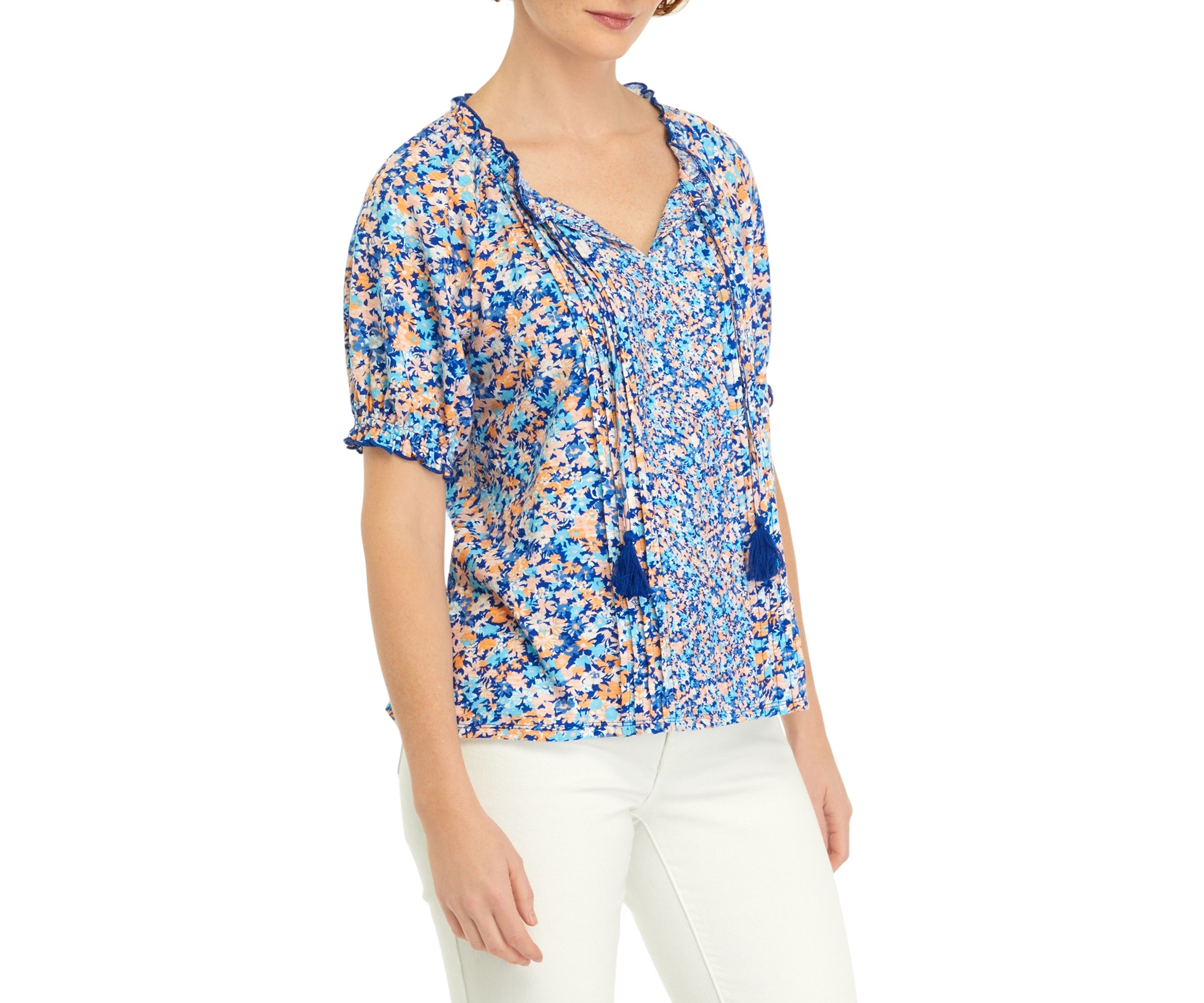 Womens Printed Pintuck Peasant Top