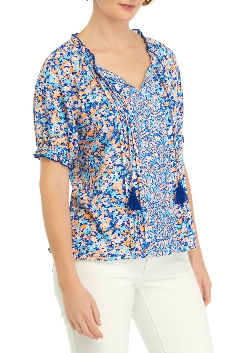 Womens Printed Pintuck Peasant Top