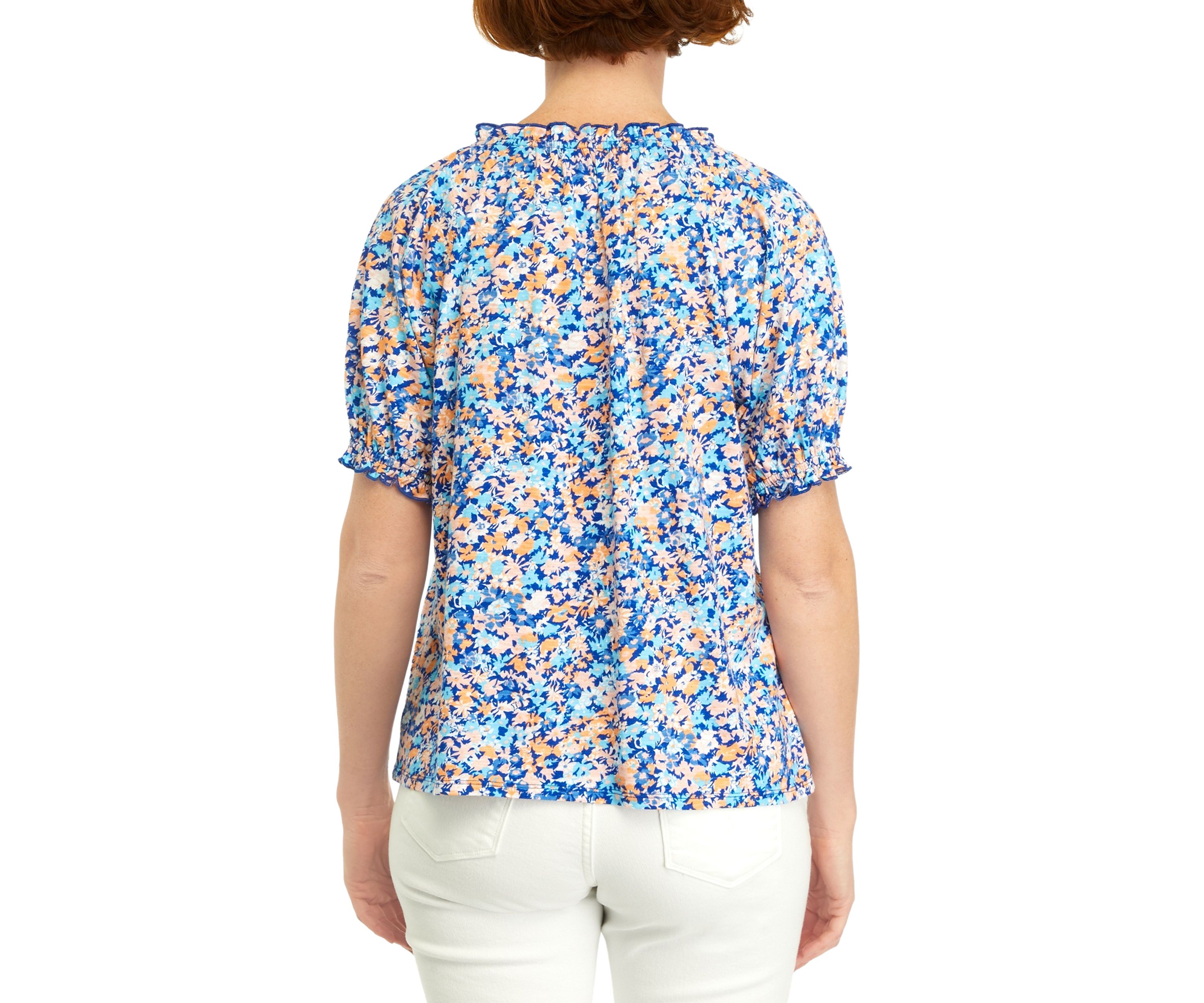 Womens Printed Pintuck Peasant Top