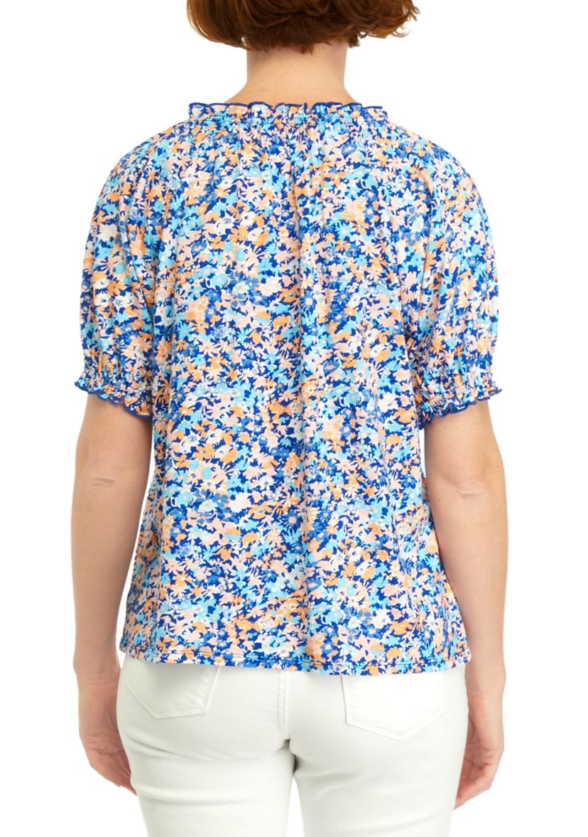 Womens Printed Pintuck Peasant Top