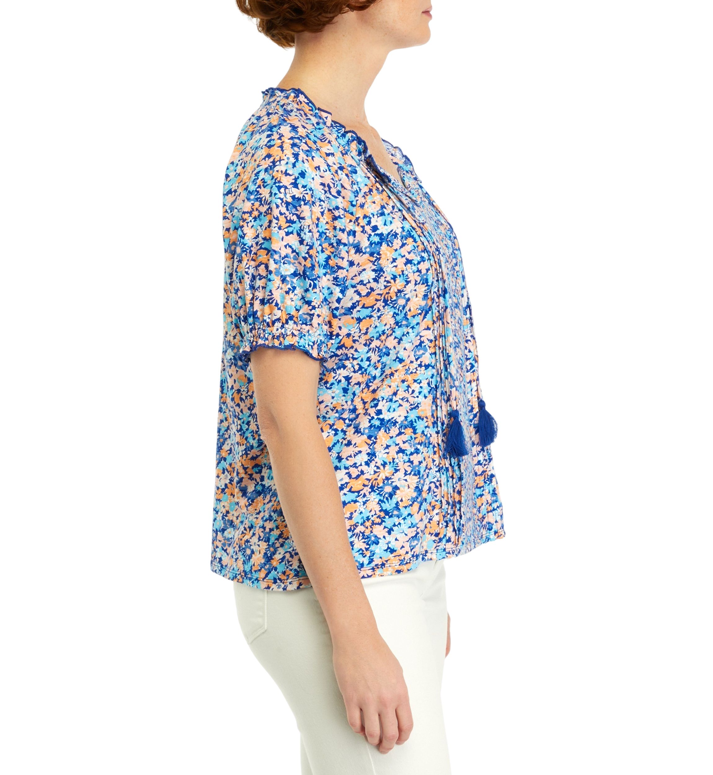 Womens Printed Pintuck Peasant Top