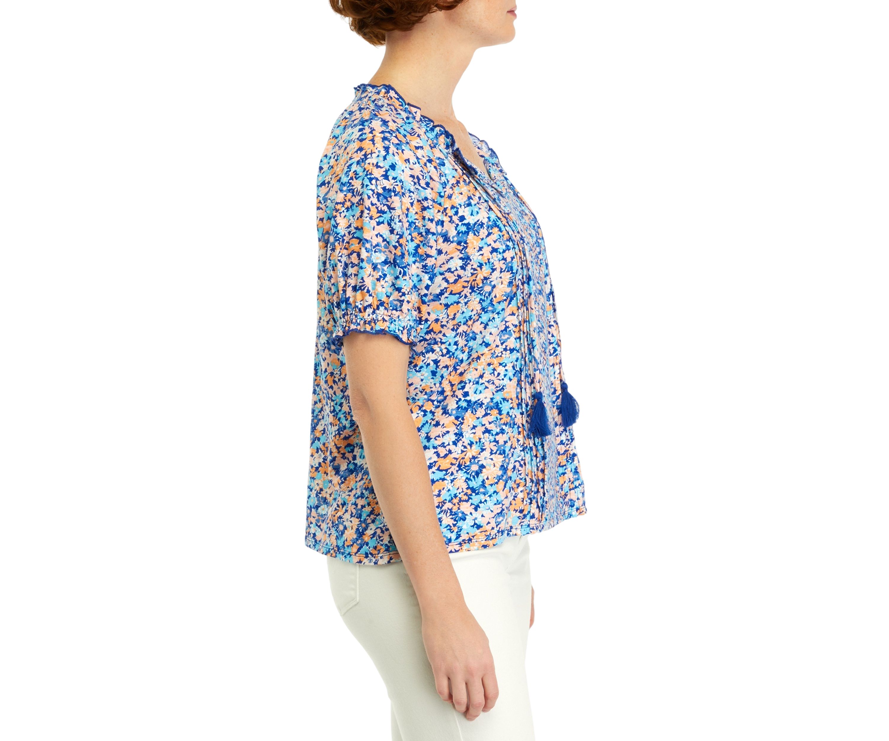 Womens Printed Pintuck Peasant Top