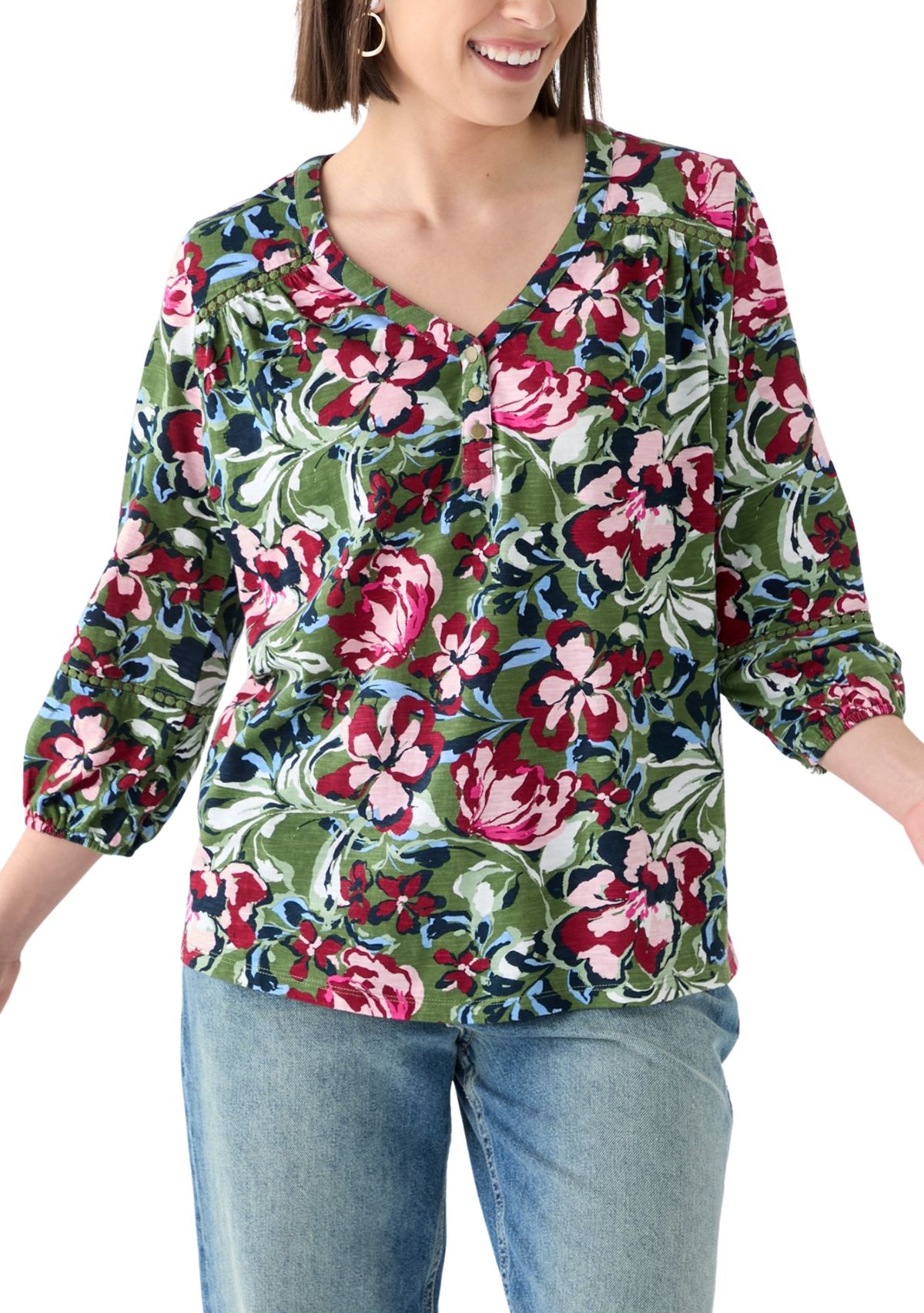 Plus Size 3/4 Sleeve Inset Henley Shirt 