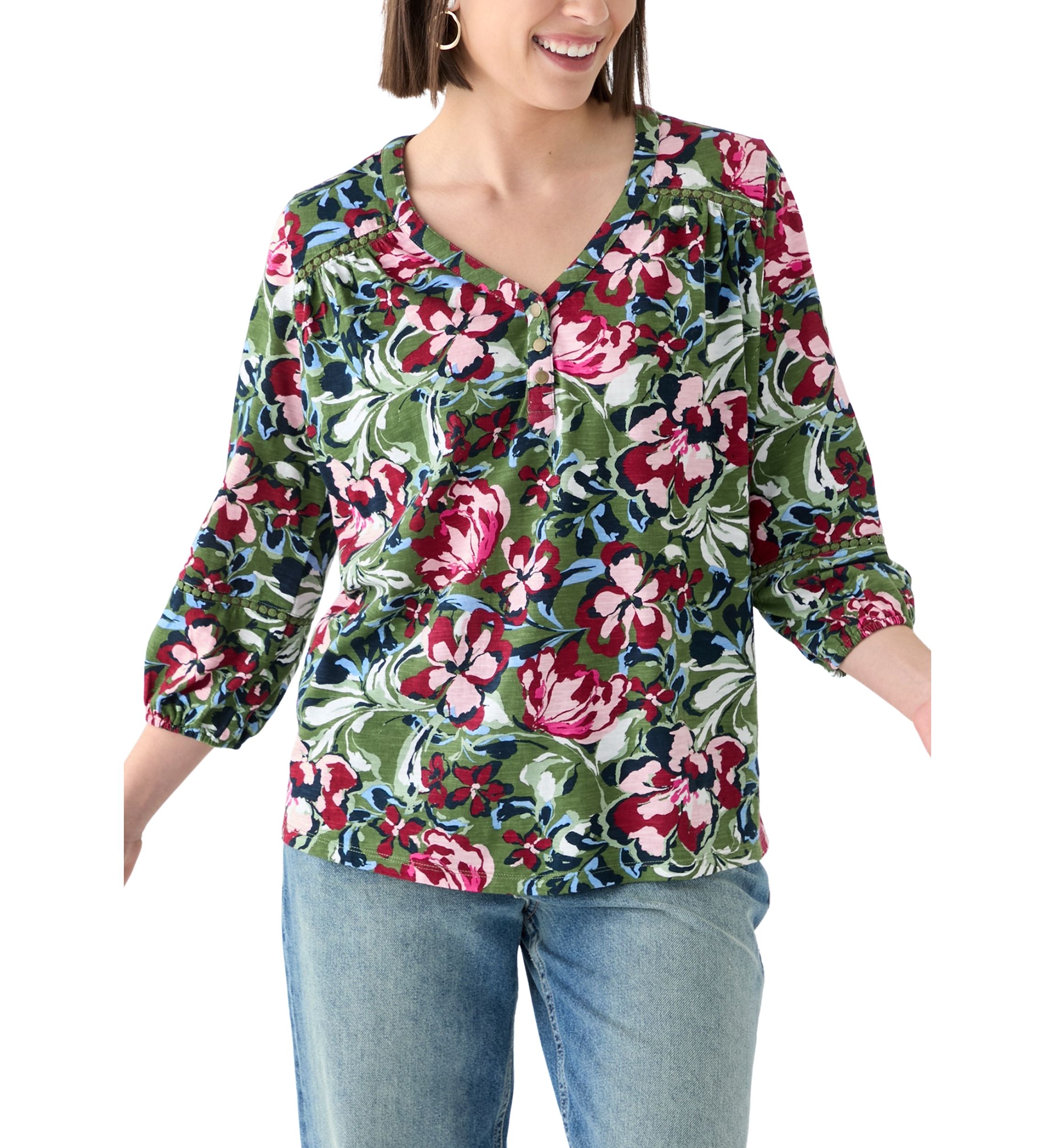 Plus Size 3/4 Sleeve Inset Henley Shirt 