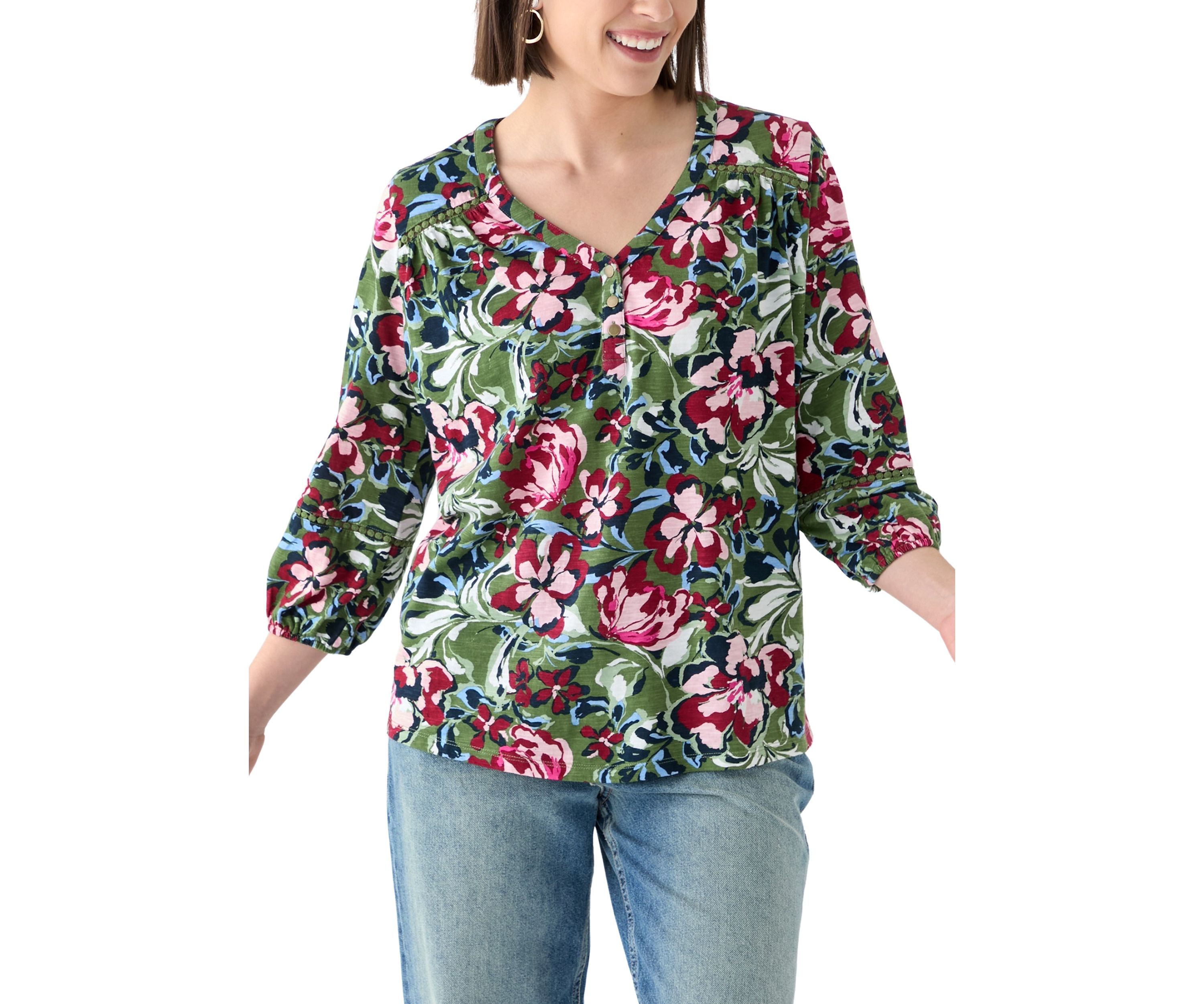 Plus Size 3/4 Sleeve Inset Henley Shirt 