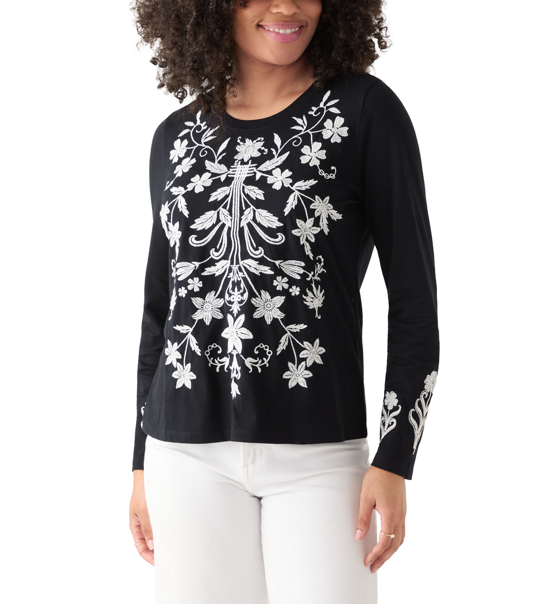 Womens Long Sleeve Cotton Flower Embroidered Top 