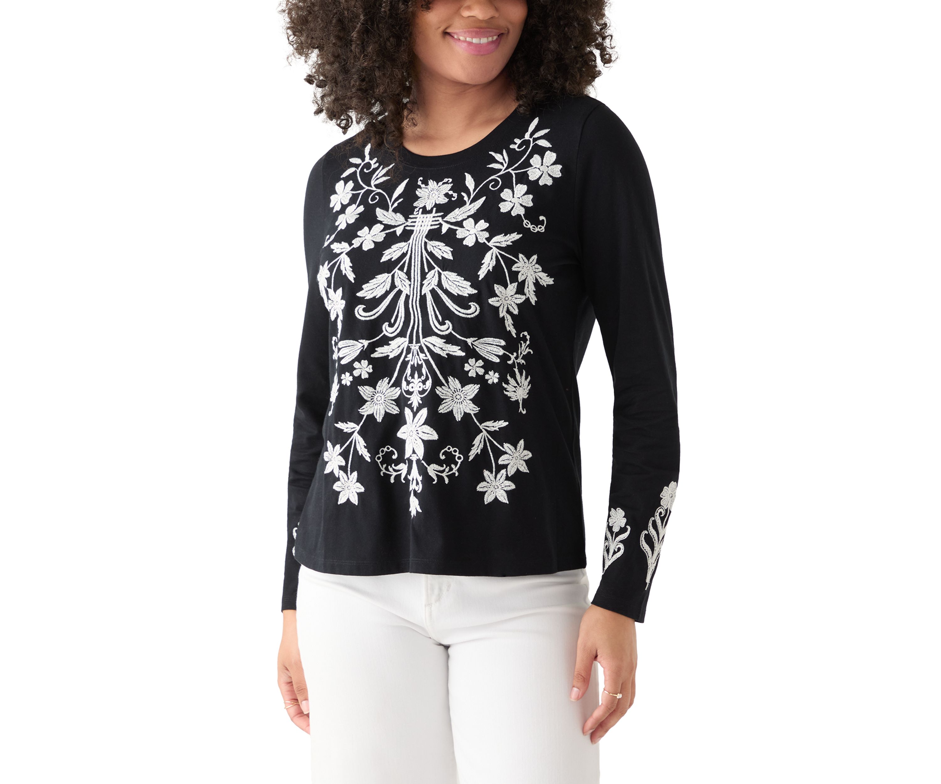 Womens Long Sleeve Cotton Flower Embroidered Top 