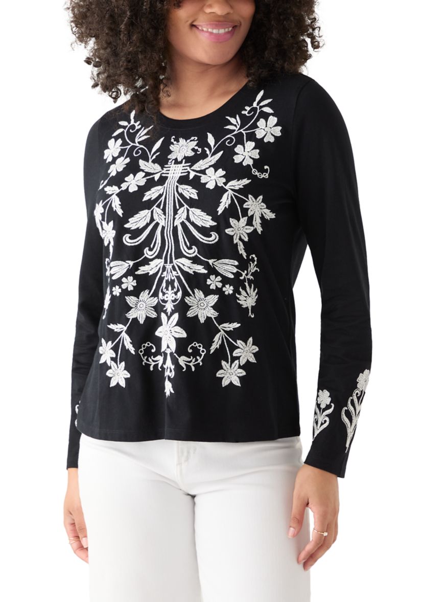 Womens Long Sleeve Cotton Flower Embroidered Top 