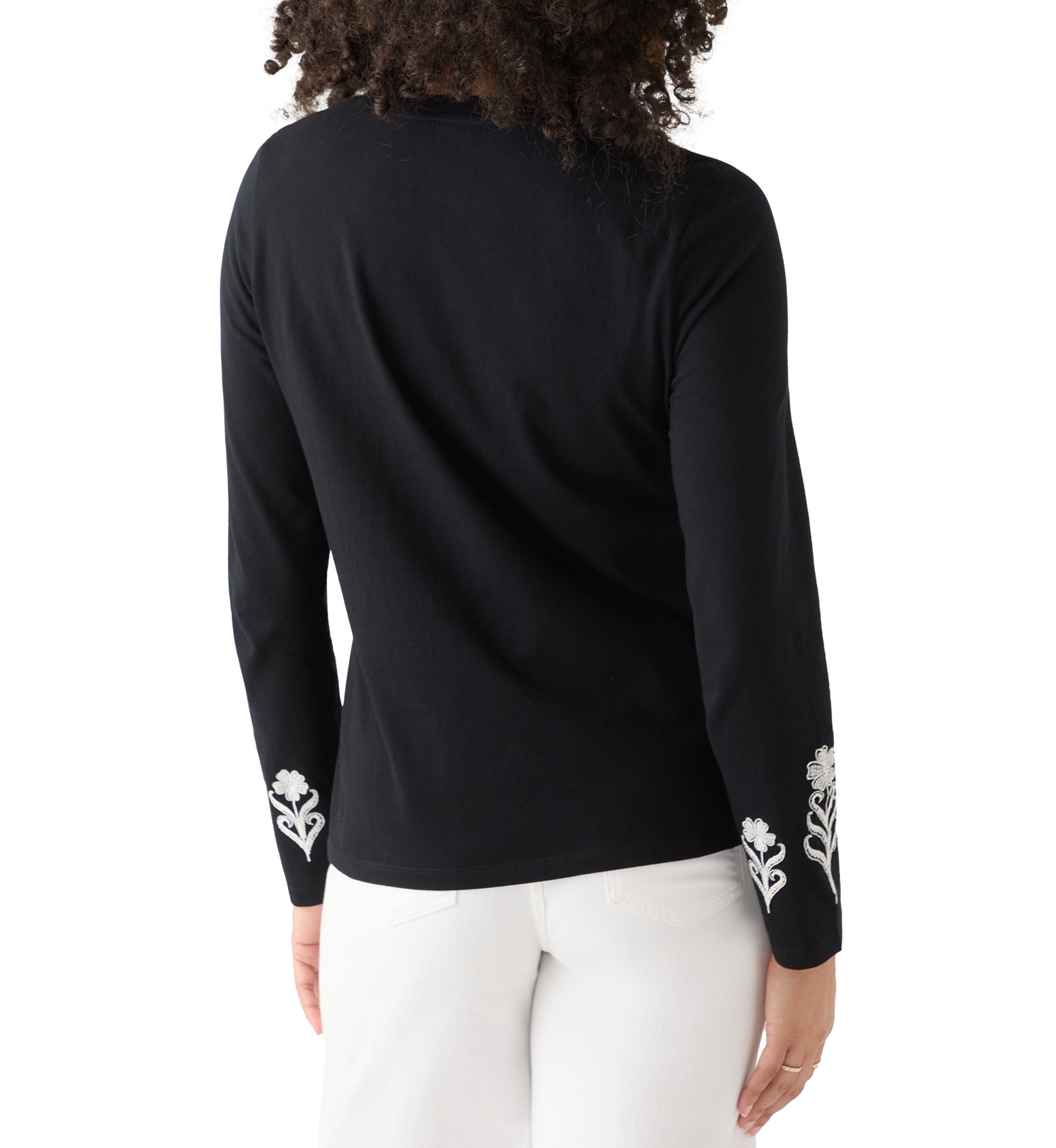 Womens Long Sleeve Cotton Flower Embroidered Top 