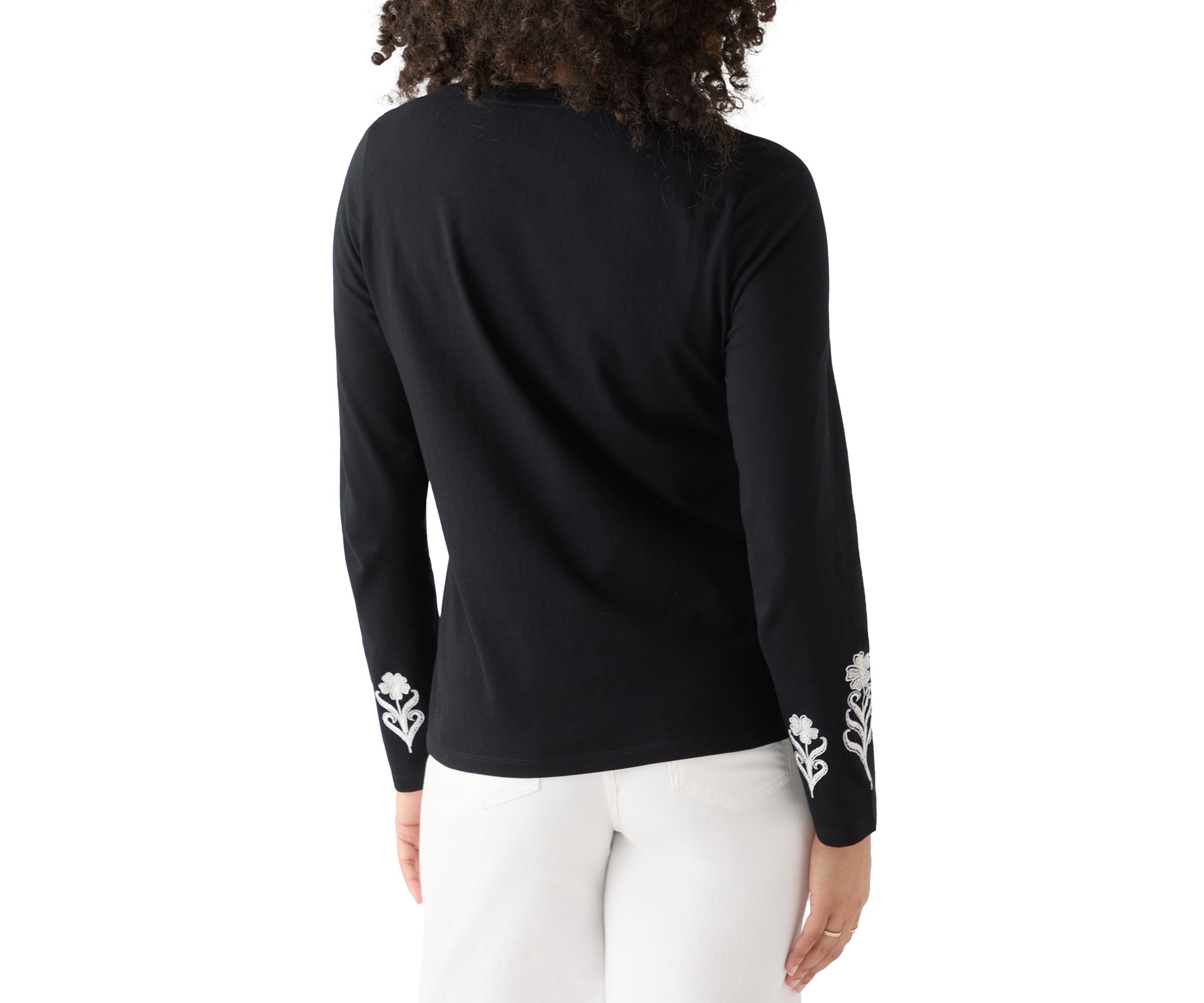 Womens Long Sleeve Cotton Flower Embroidered Top 
