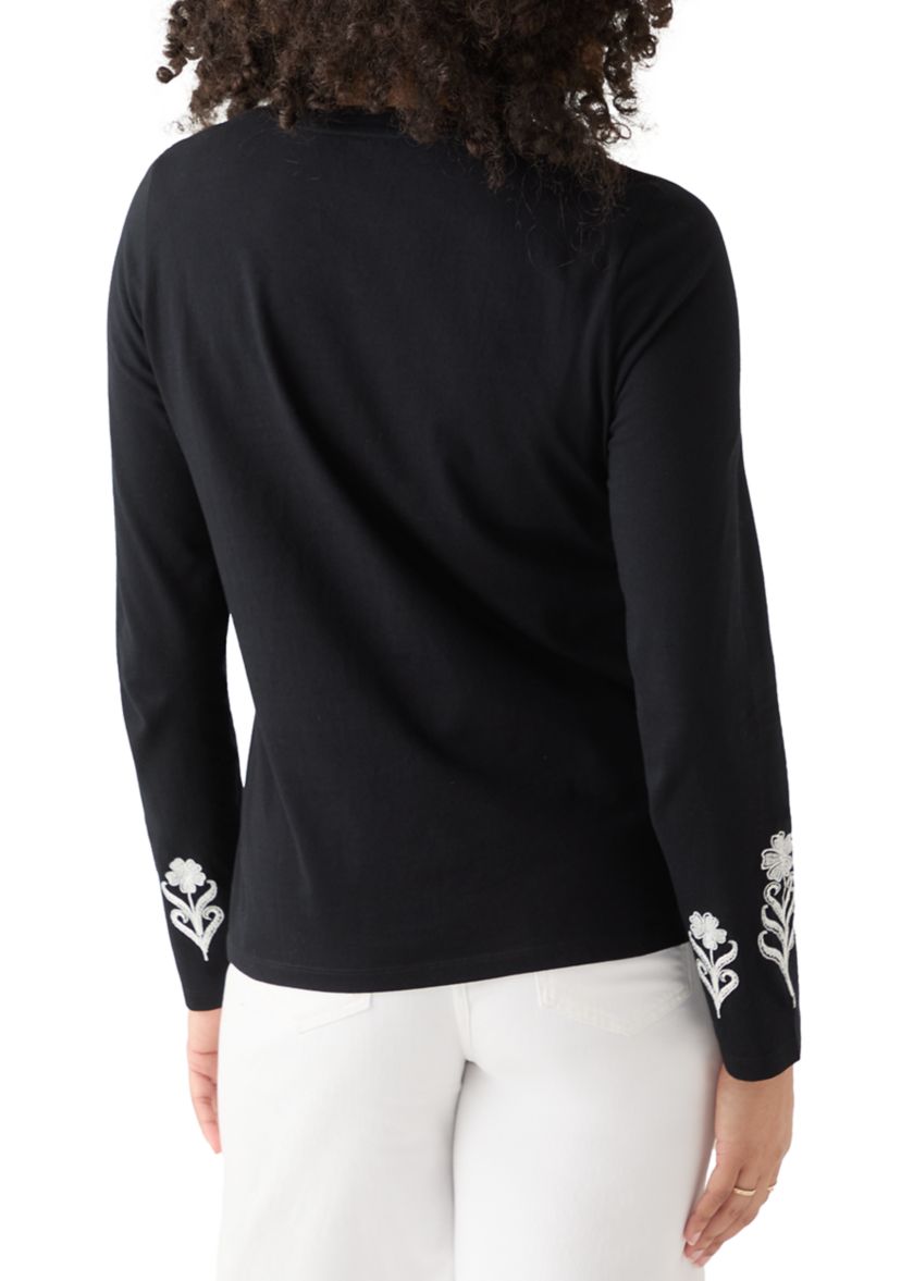 Womens Long Sleeve Cotton Flower Embroidered Top 