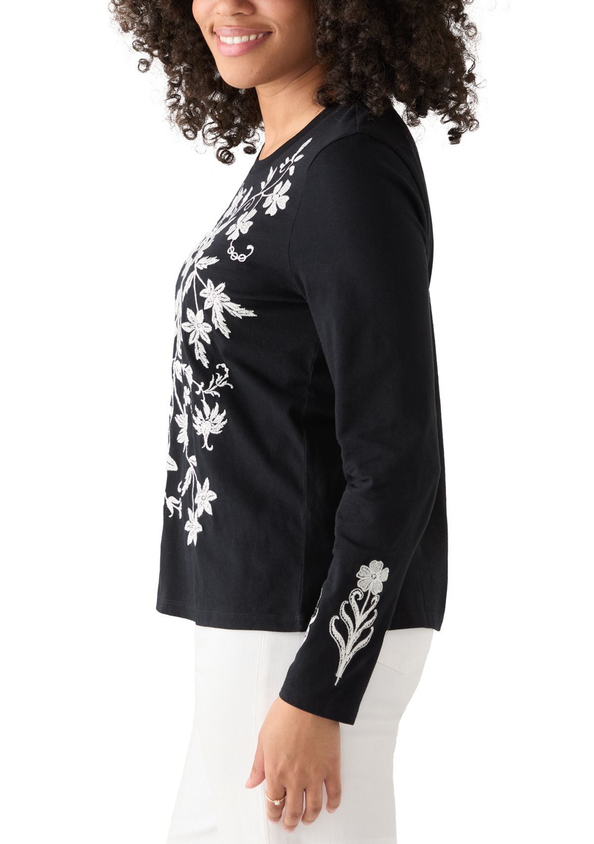 Womens Long Sleeve Cotton Flower Embroidered Top 