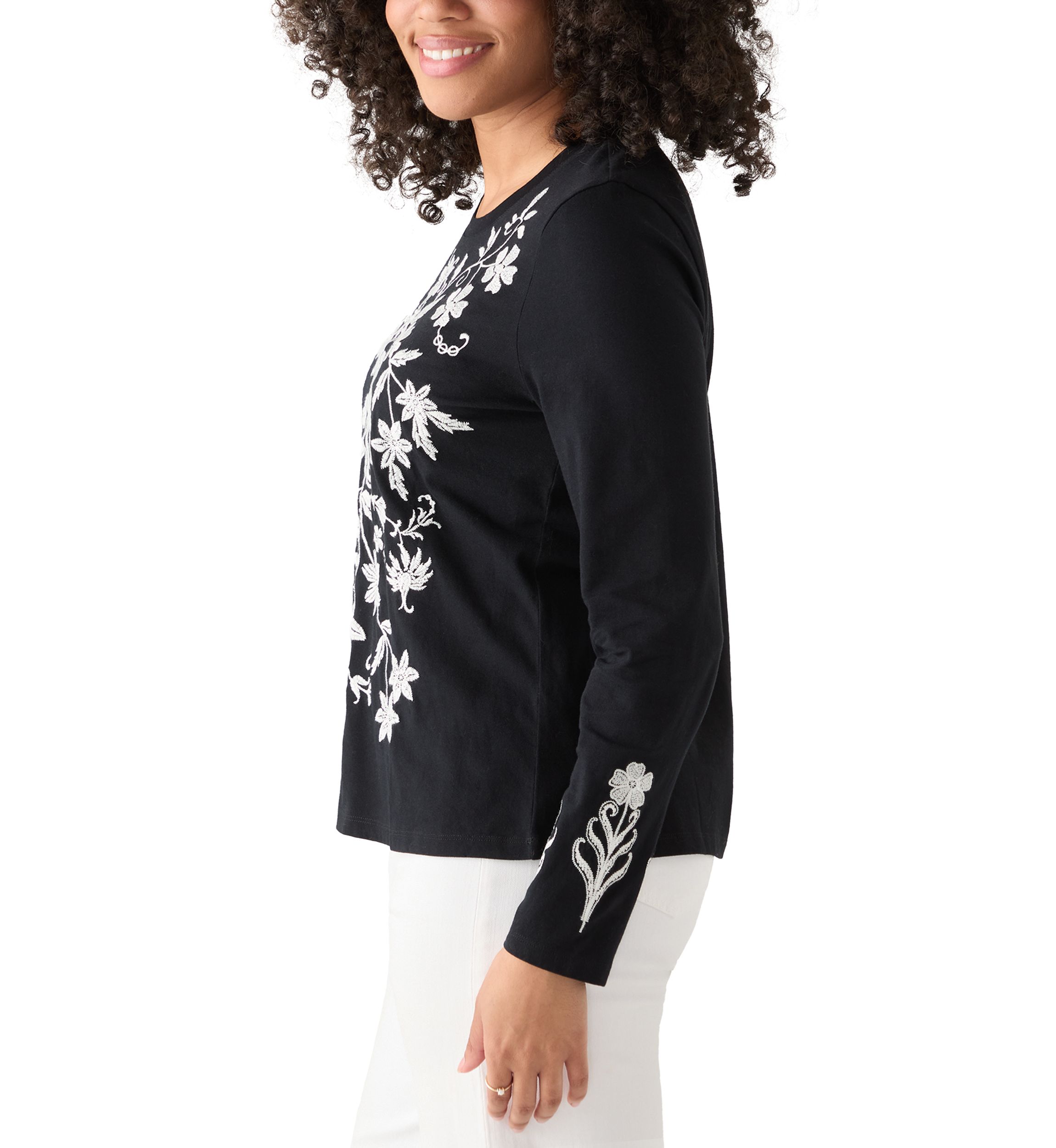 Womens Long Sleeve Cotton Flower Embroidered Top 