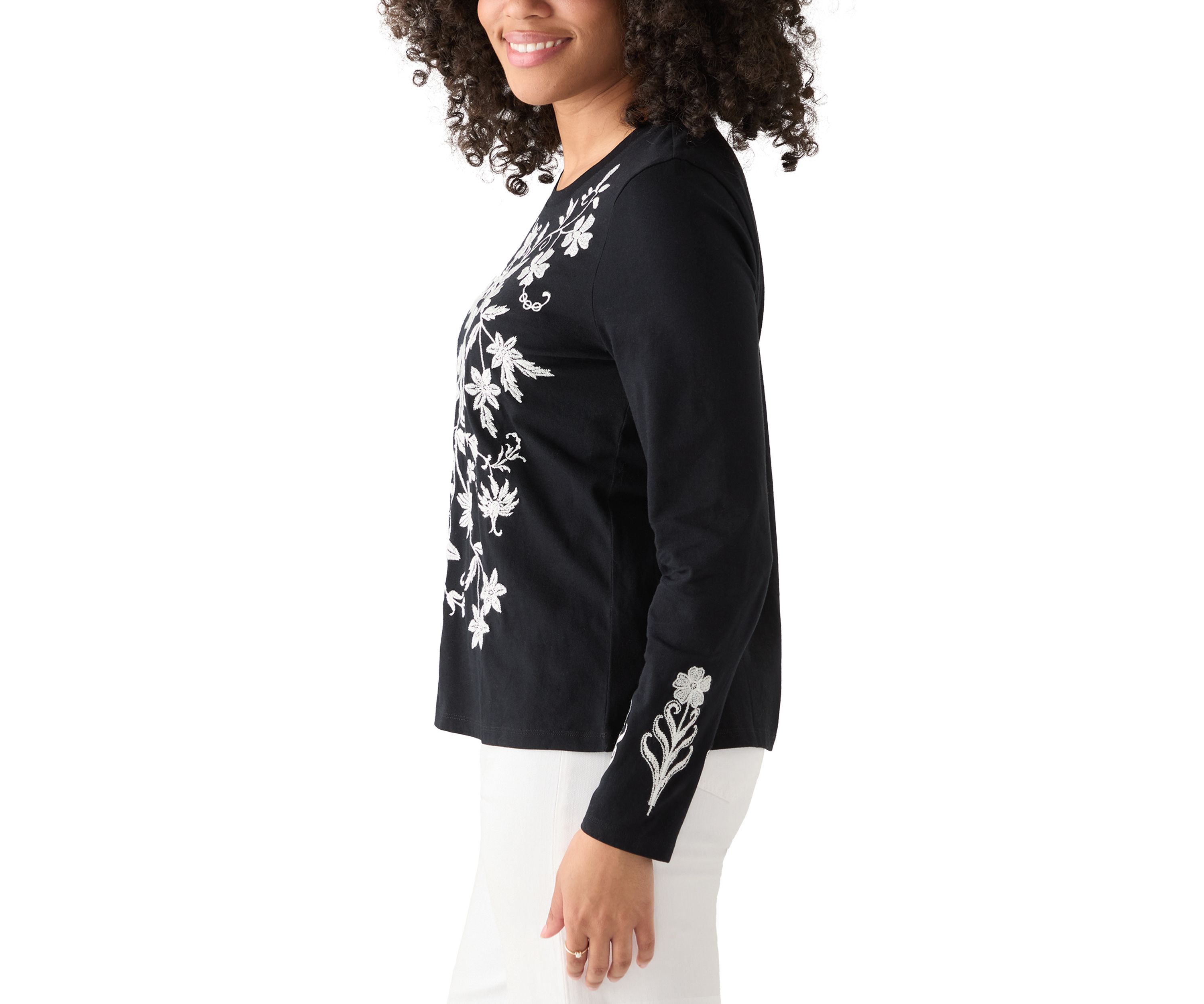 Womens Long Sleeve Cotton Flower Embroidered Top 