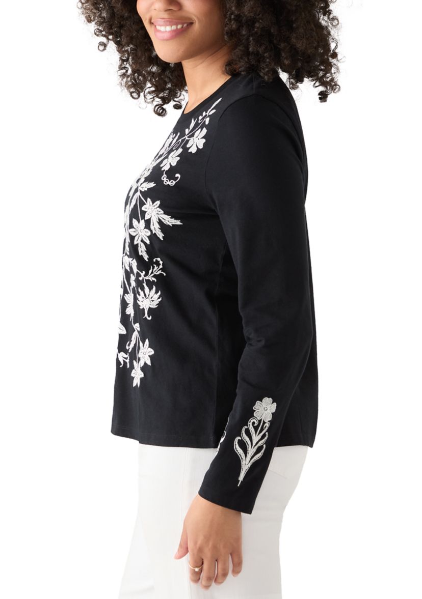 Womens Long Sleeve Cotton Flower Embroidered Top 