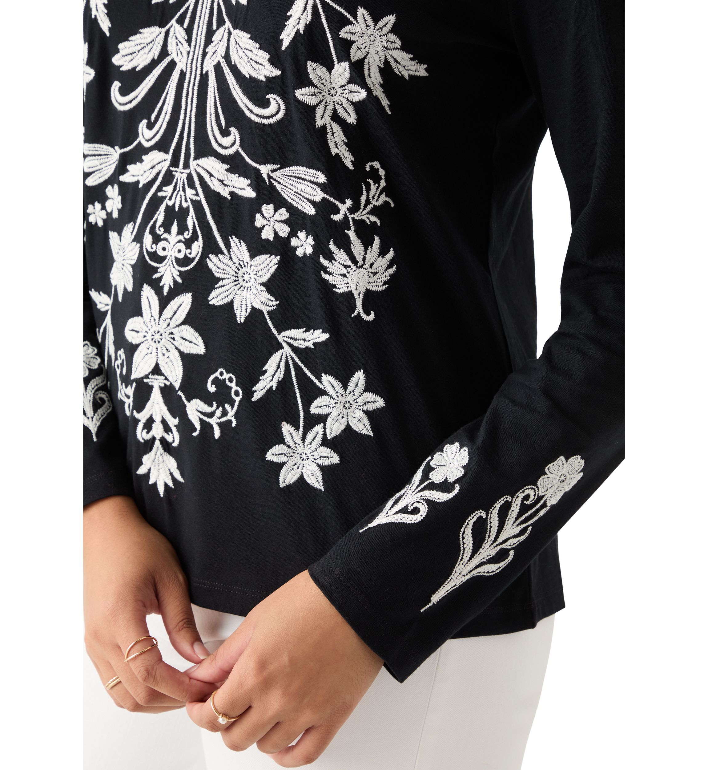 Womens Long Sleeve Cotton Flower Embroidered Top 