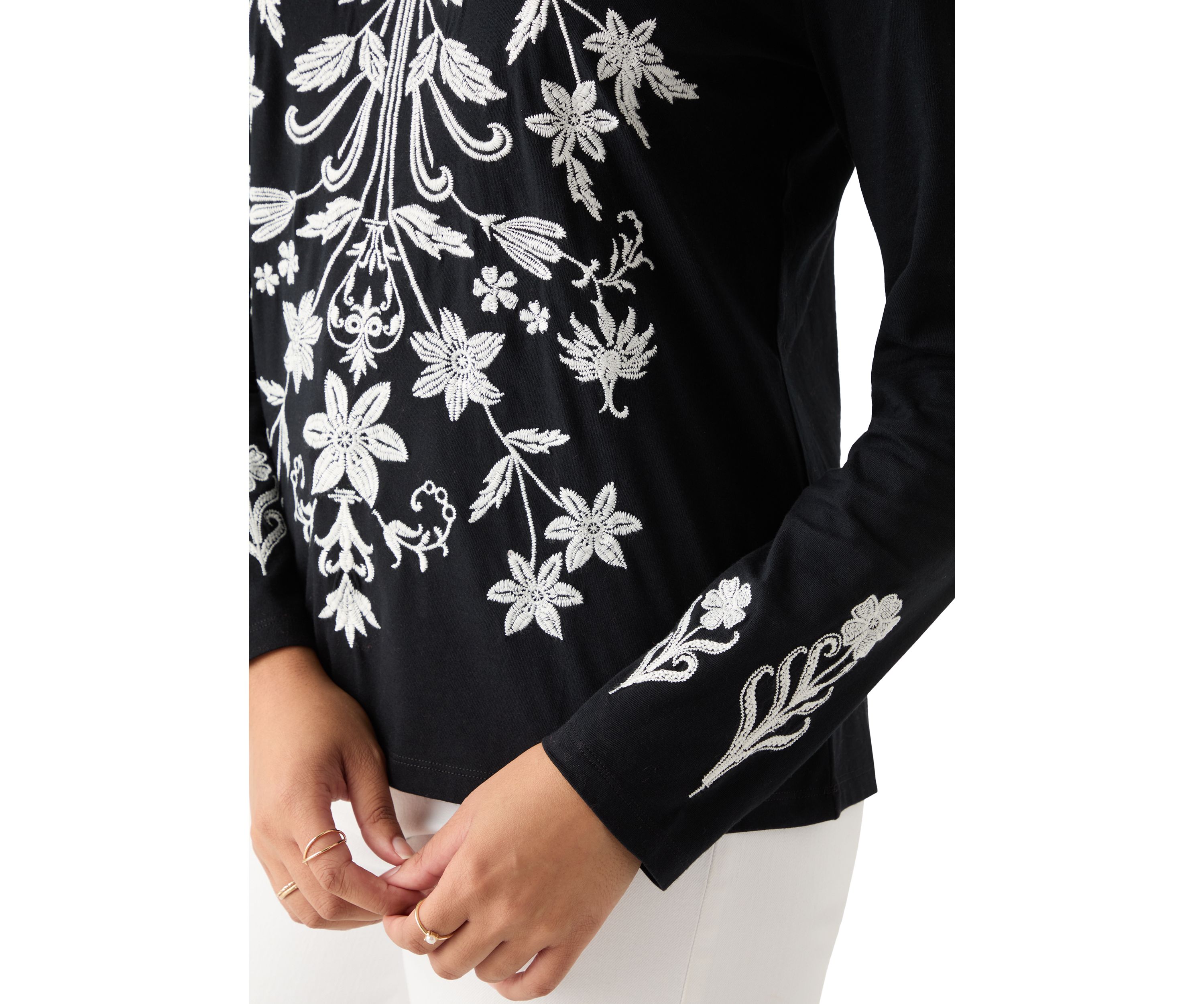 Womens Long Sleeve Cotton Flower Embroidered Top 