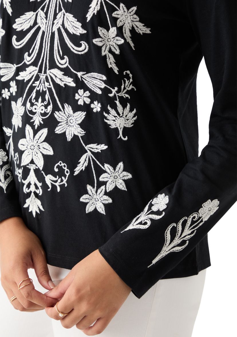 Womens Long Sleeve Cotton Flower Embroidered Top 