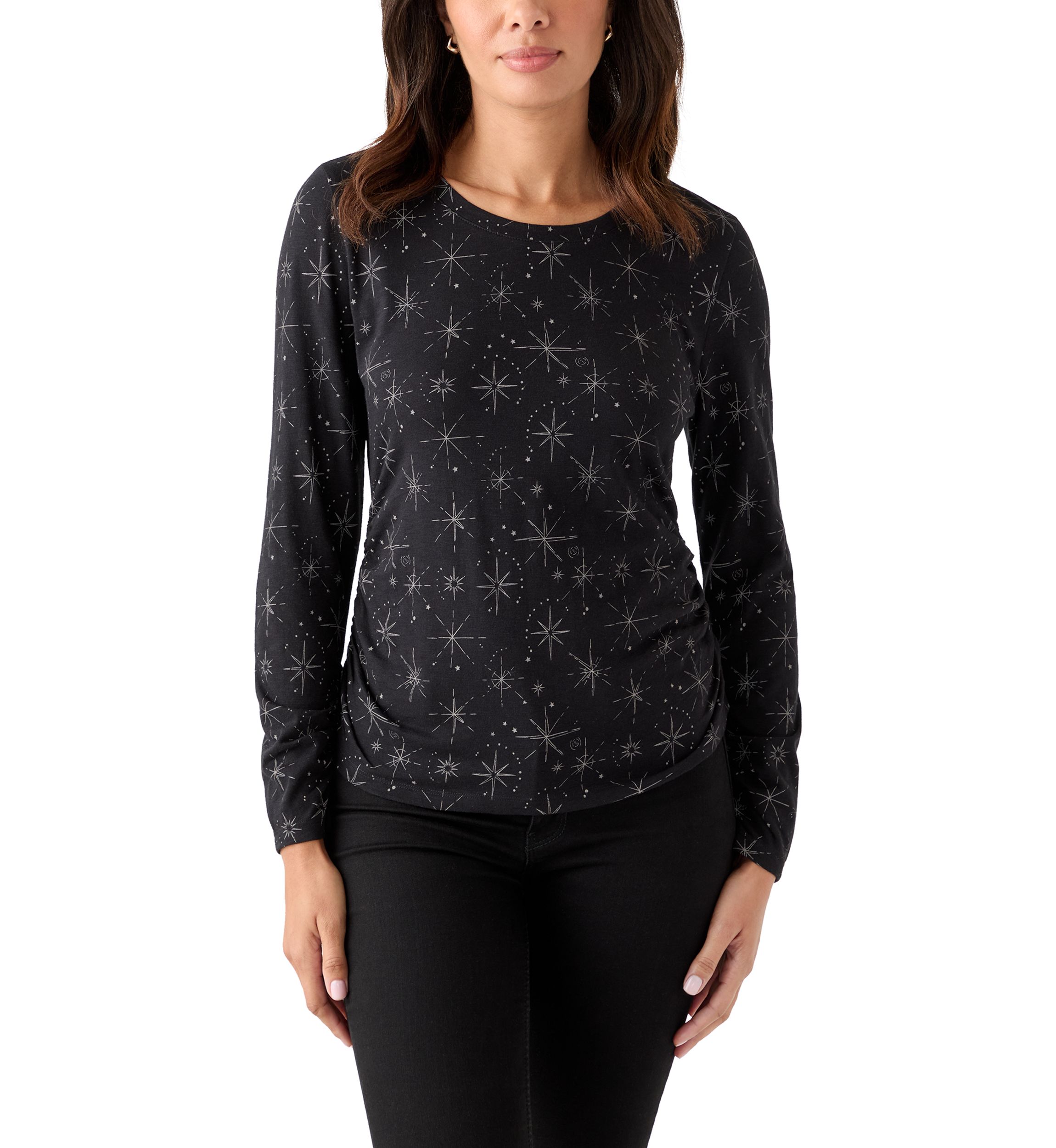 Womens Long Sleeve Ruched Print Top 