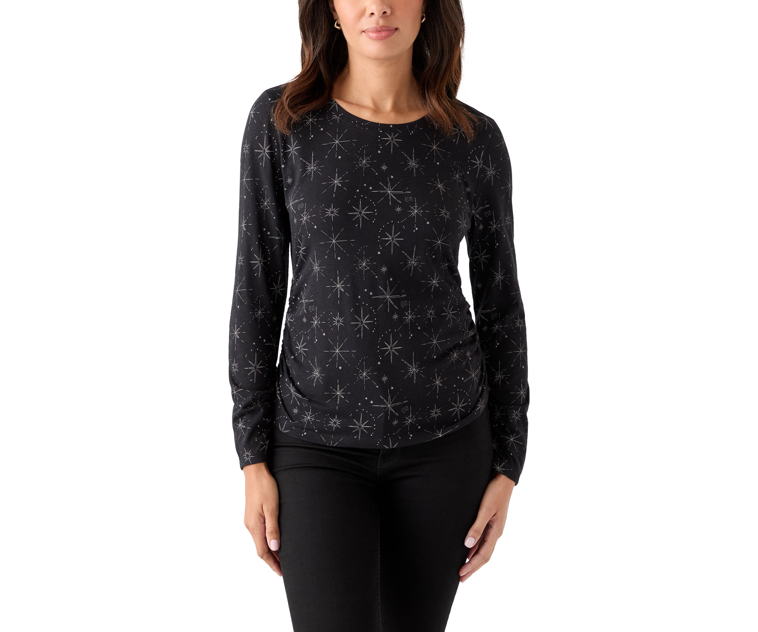 Womens Long Sleeve Ruched Print Top 