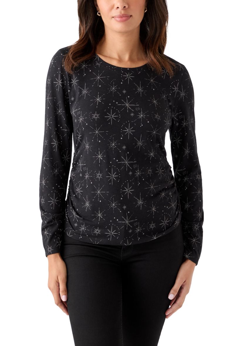 Womens Long Sleeve Ruched Print Top 